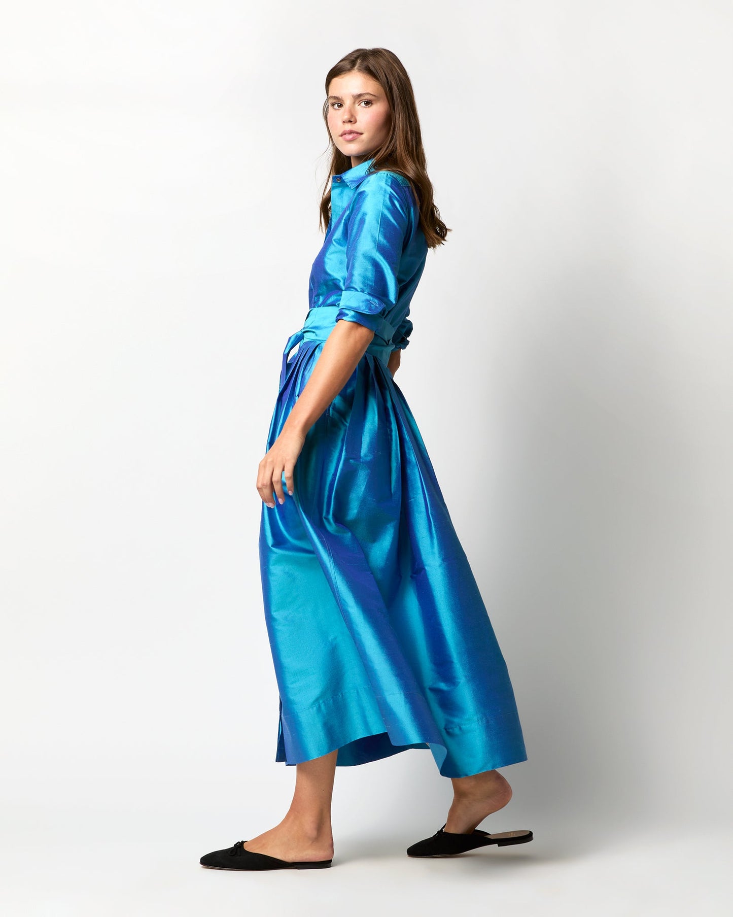 Classic Shirtwaist Maxi Dress in Azure Iridescent Silk Shantung