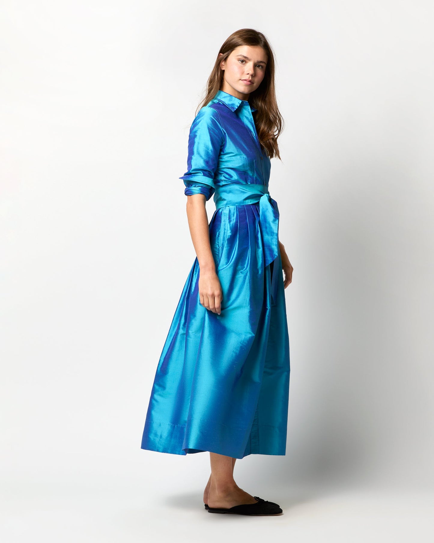 Classic Shirtwaist Maxi Dress in Azure Iridescent Silk Shantung