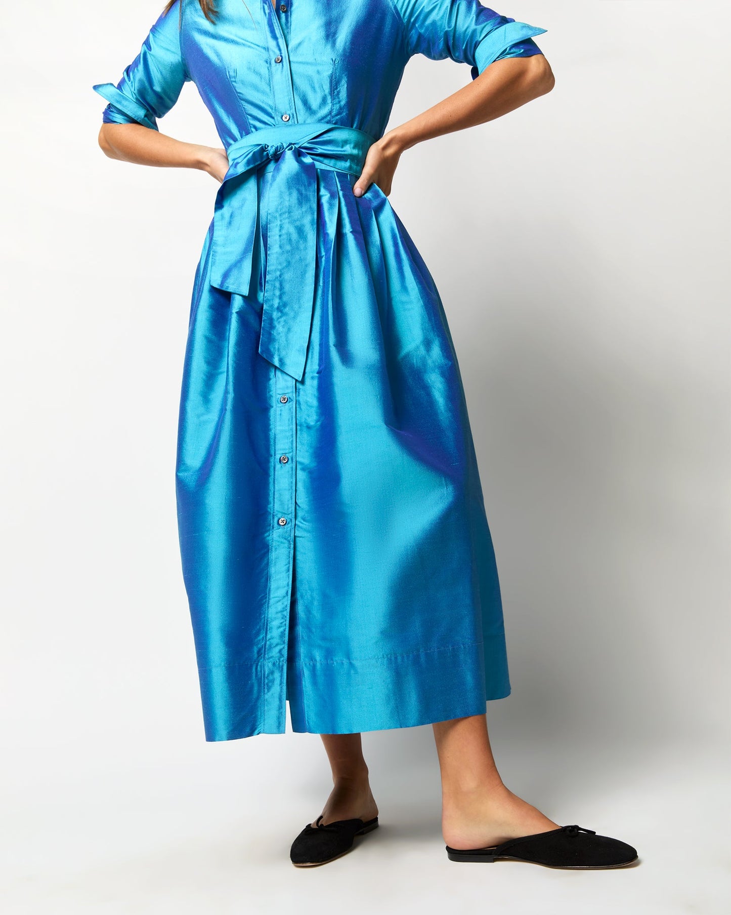 Classic Shirtwaist Maxi Dress in Azure Iridescent Silk Shantung