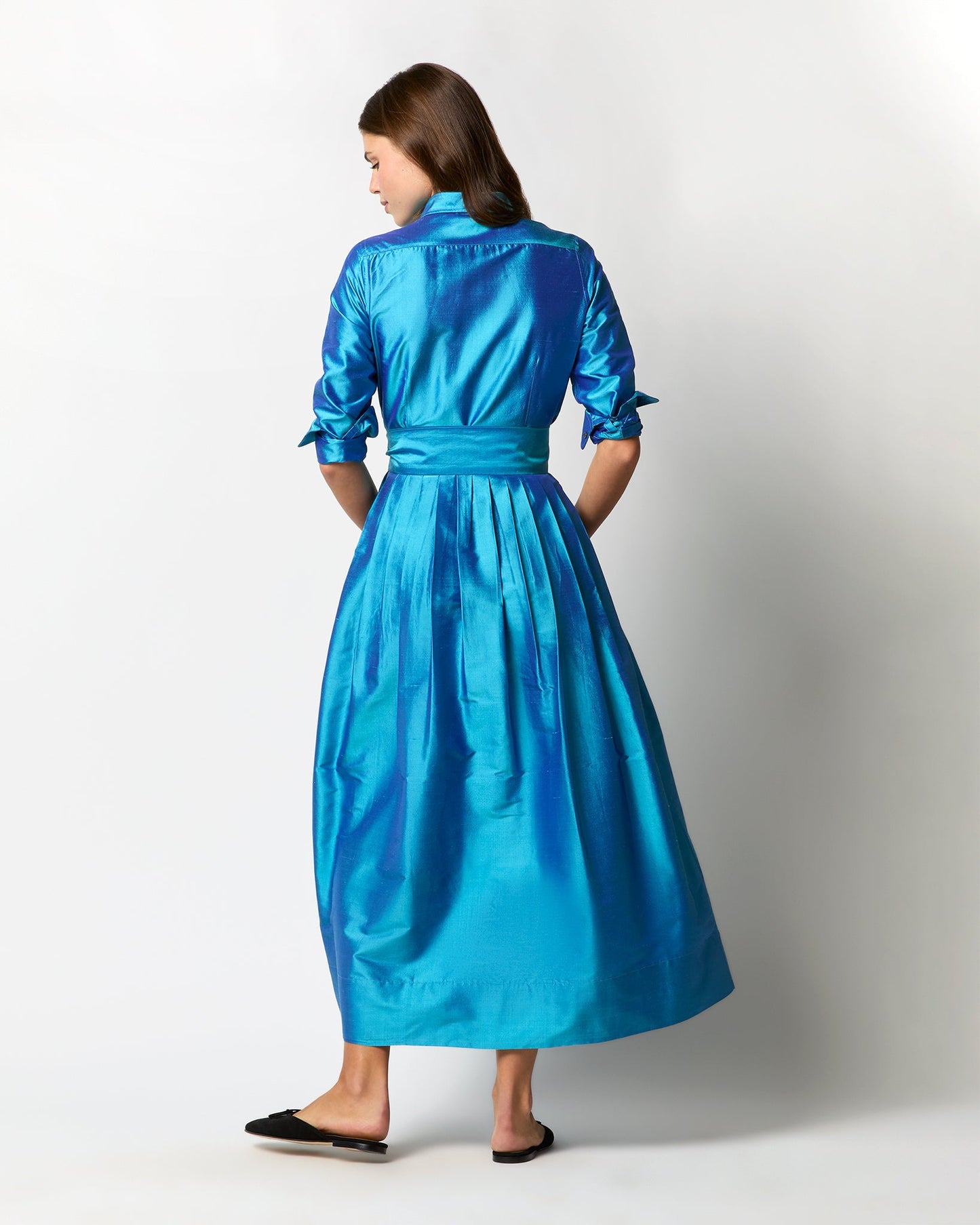 Classic Shirtwaist Maxi Dress in Azure Iridescent Silk Shantung