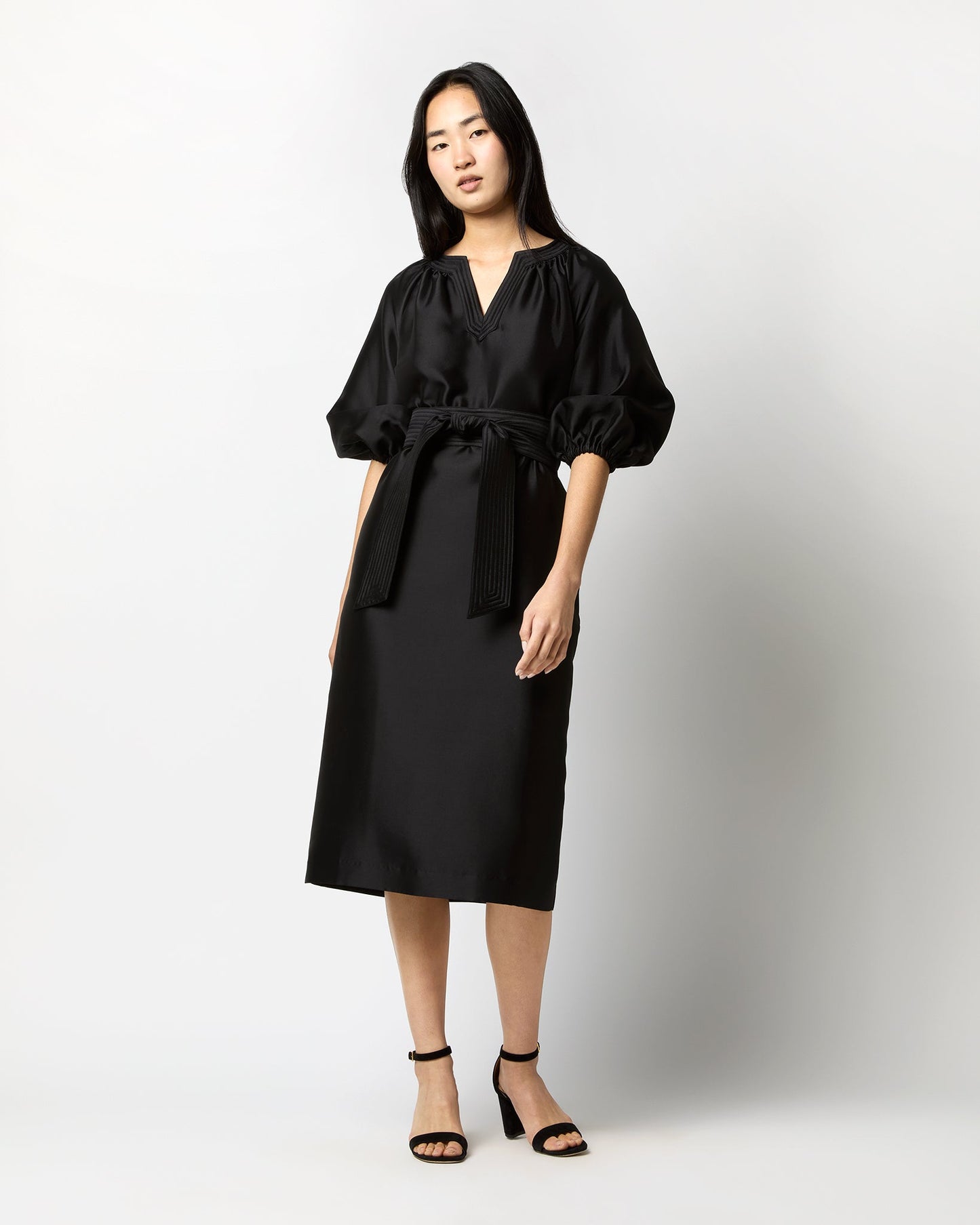 Trapunto Blouson Dress in Black Silk/Wool