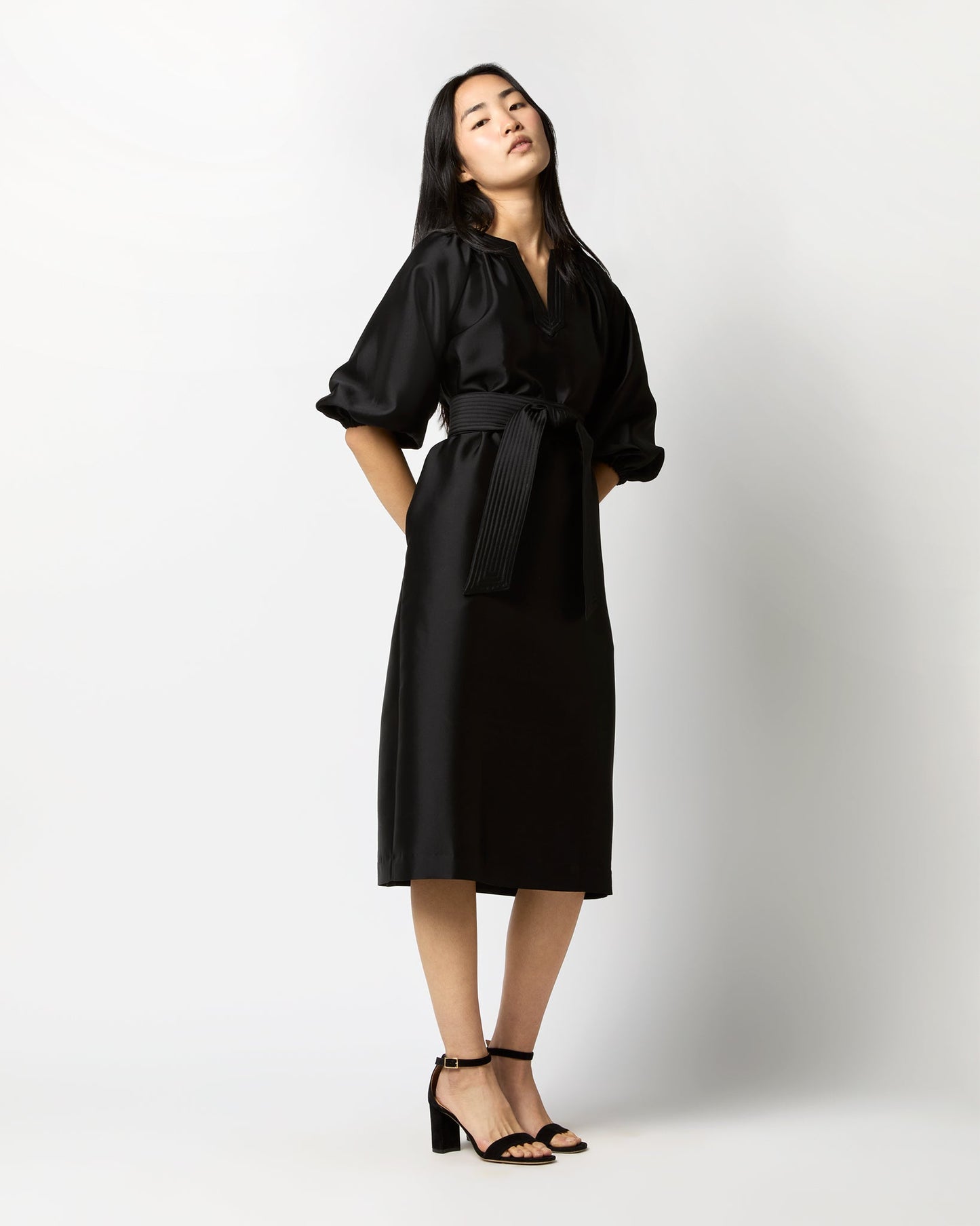 Trapunto Blouson Dress in Black Silk/Wool