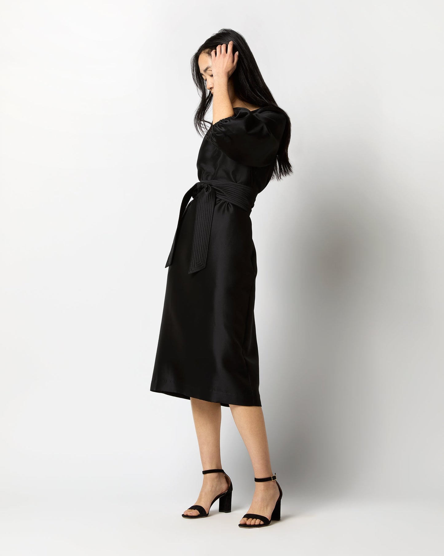 Trapunto Blouson Dress in Black Silk/Wool