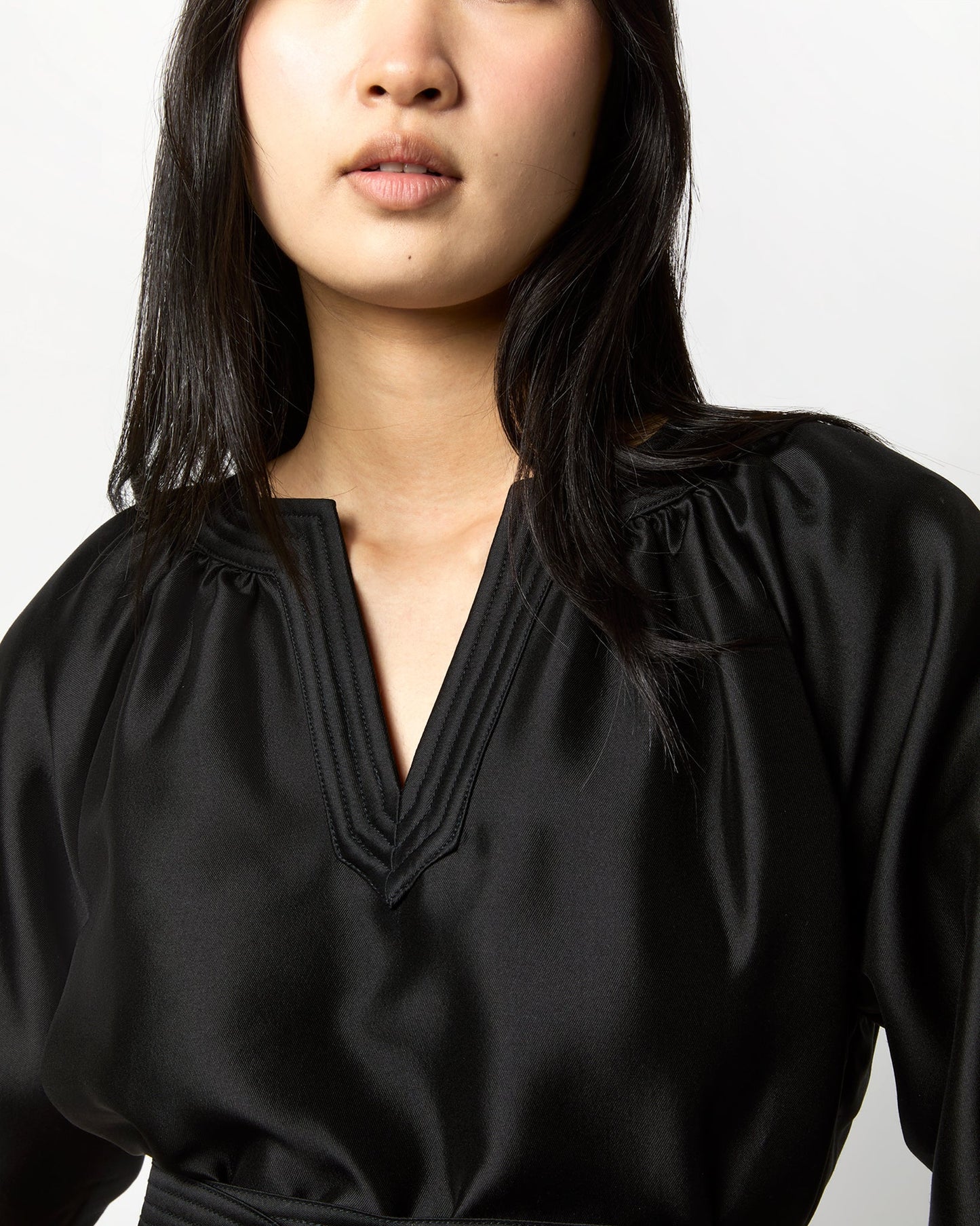 Trapunto Blouson Dress in Black Silk/Wool