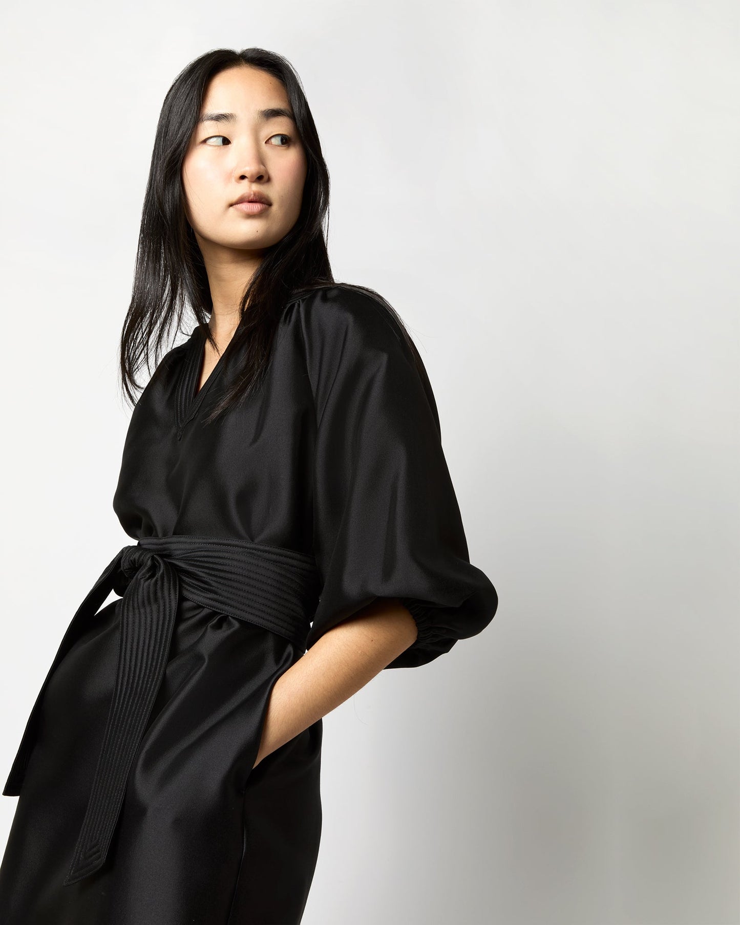 Trapunto Blouson Dress in Black Silk/Wool