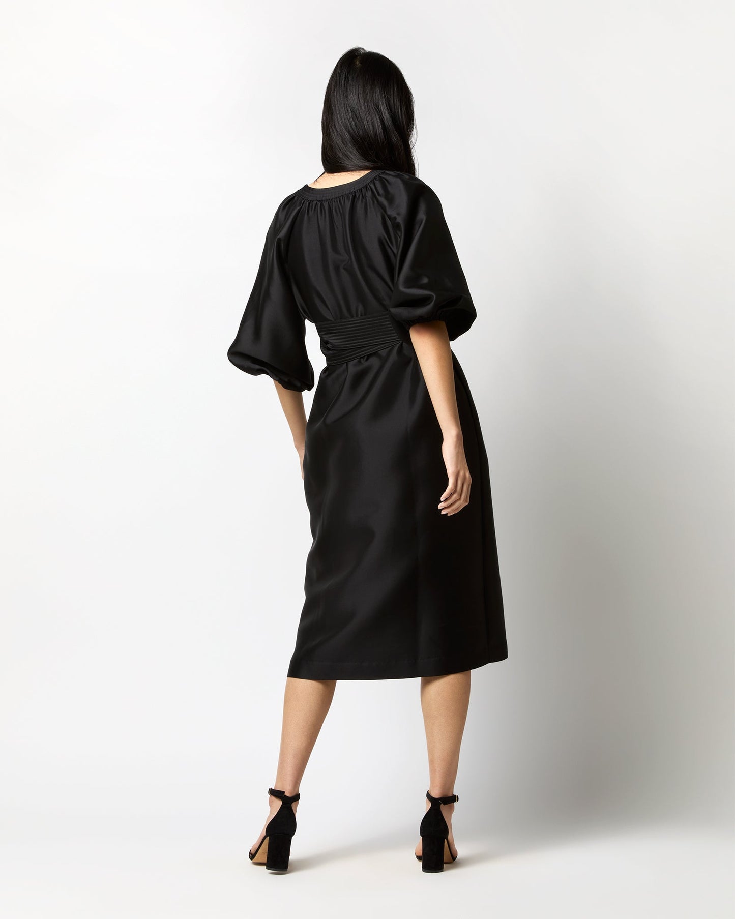 Trapunto Blouson Dress in Black Silk/Wool