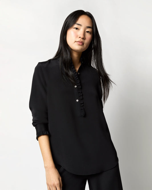 Frill Blouse in Black Silk Crepe de Chine