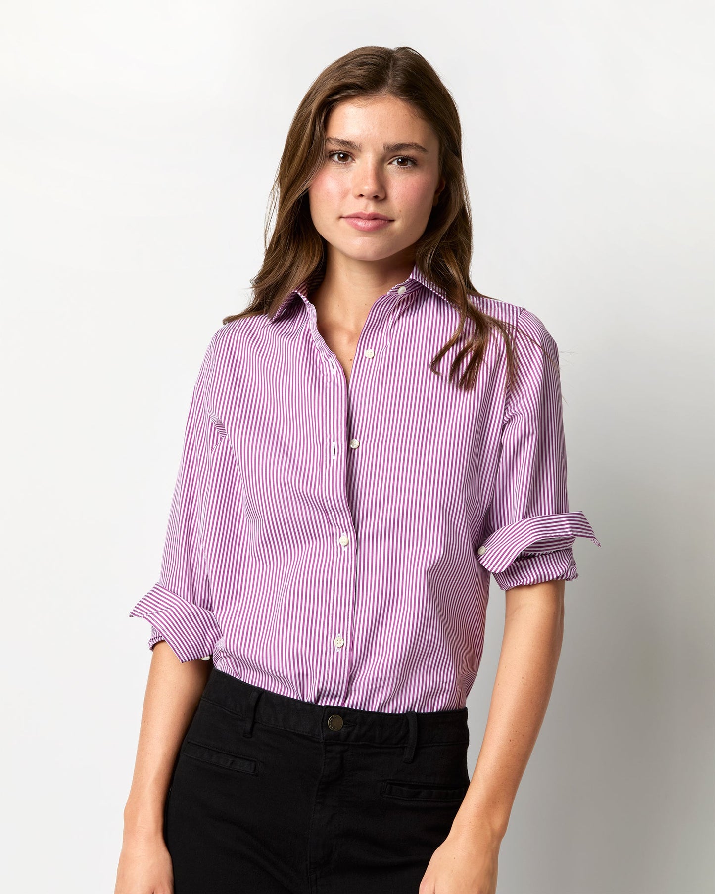 Understudy Shirt in Berry/White Bengal Stripe Poplin