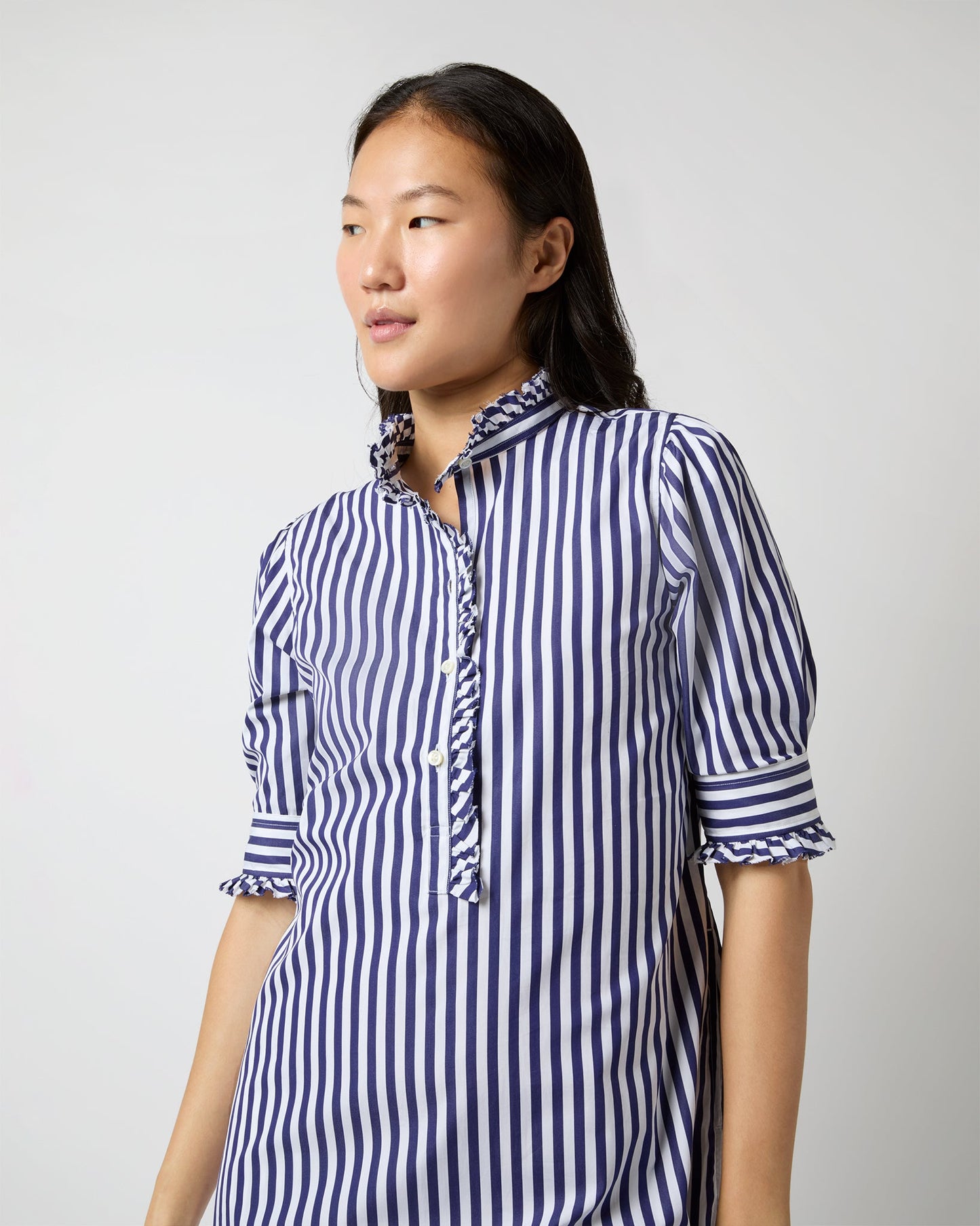 Elbow-Sleeved Frill Dress in Navy Awning Stripe Poplin