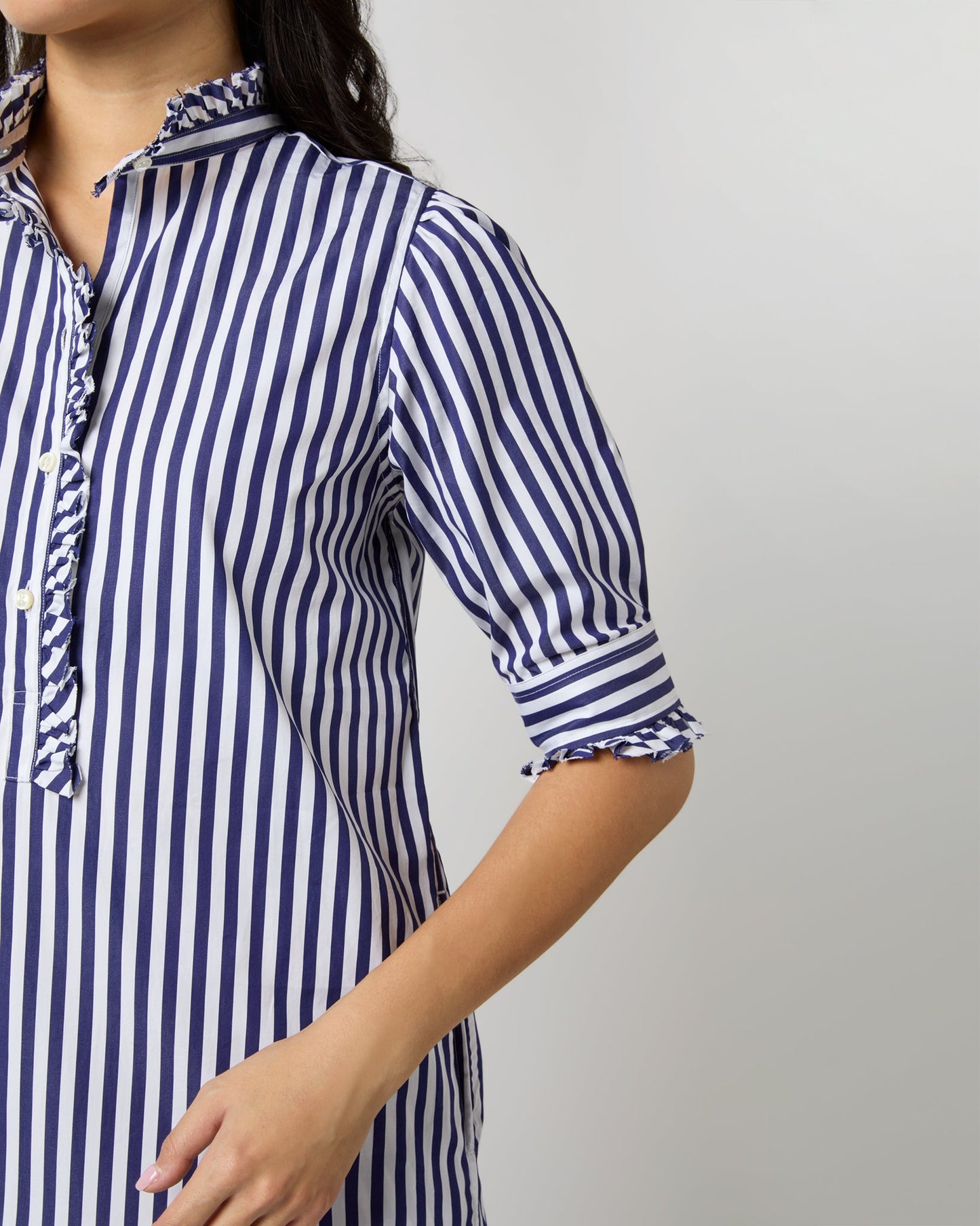 Elbow-Sleeved Frill Dress in Navy Awning Stripe Poplin