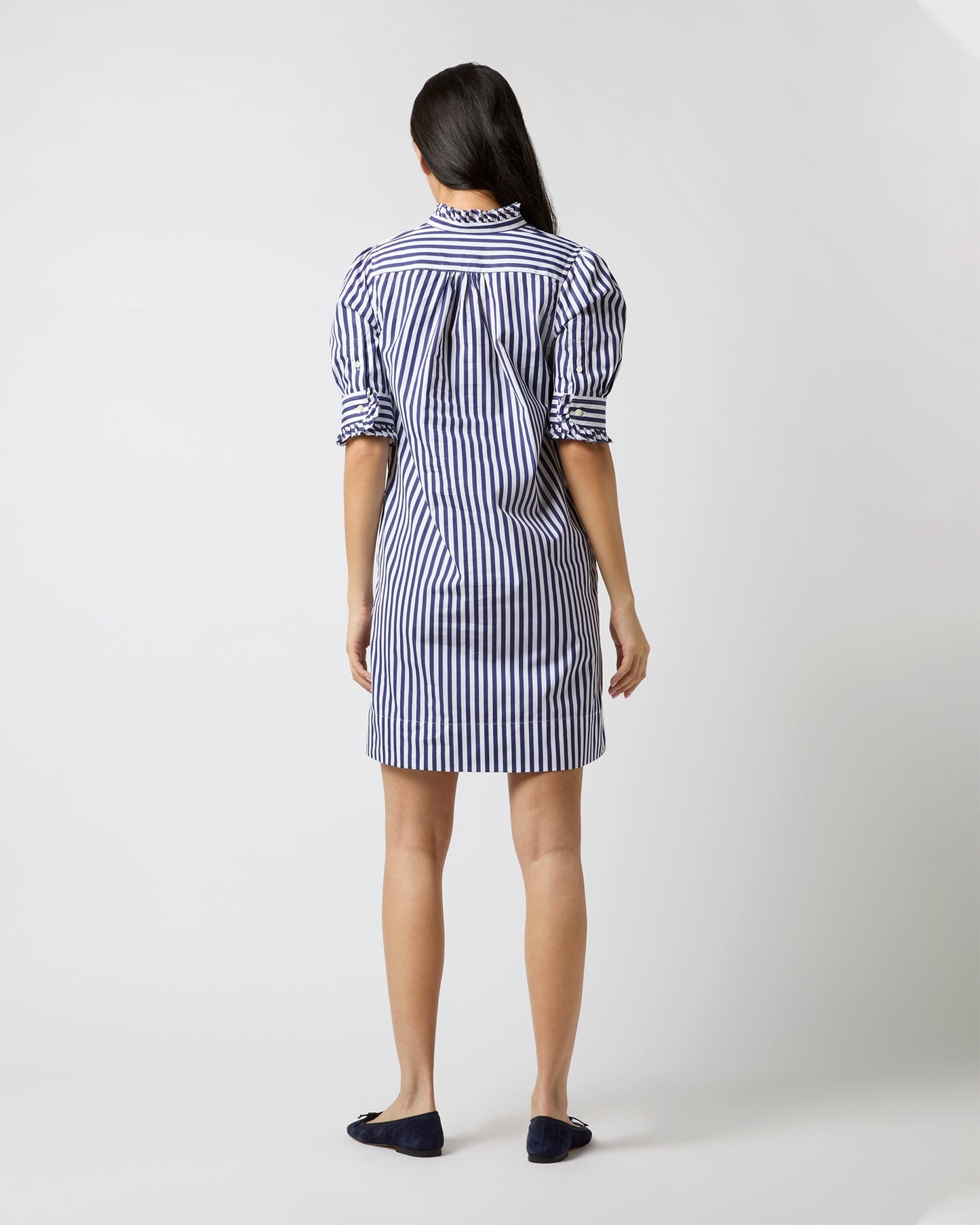 Elbow-Sleeved Frill Dress in Navy Awning Stripe Poplin