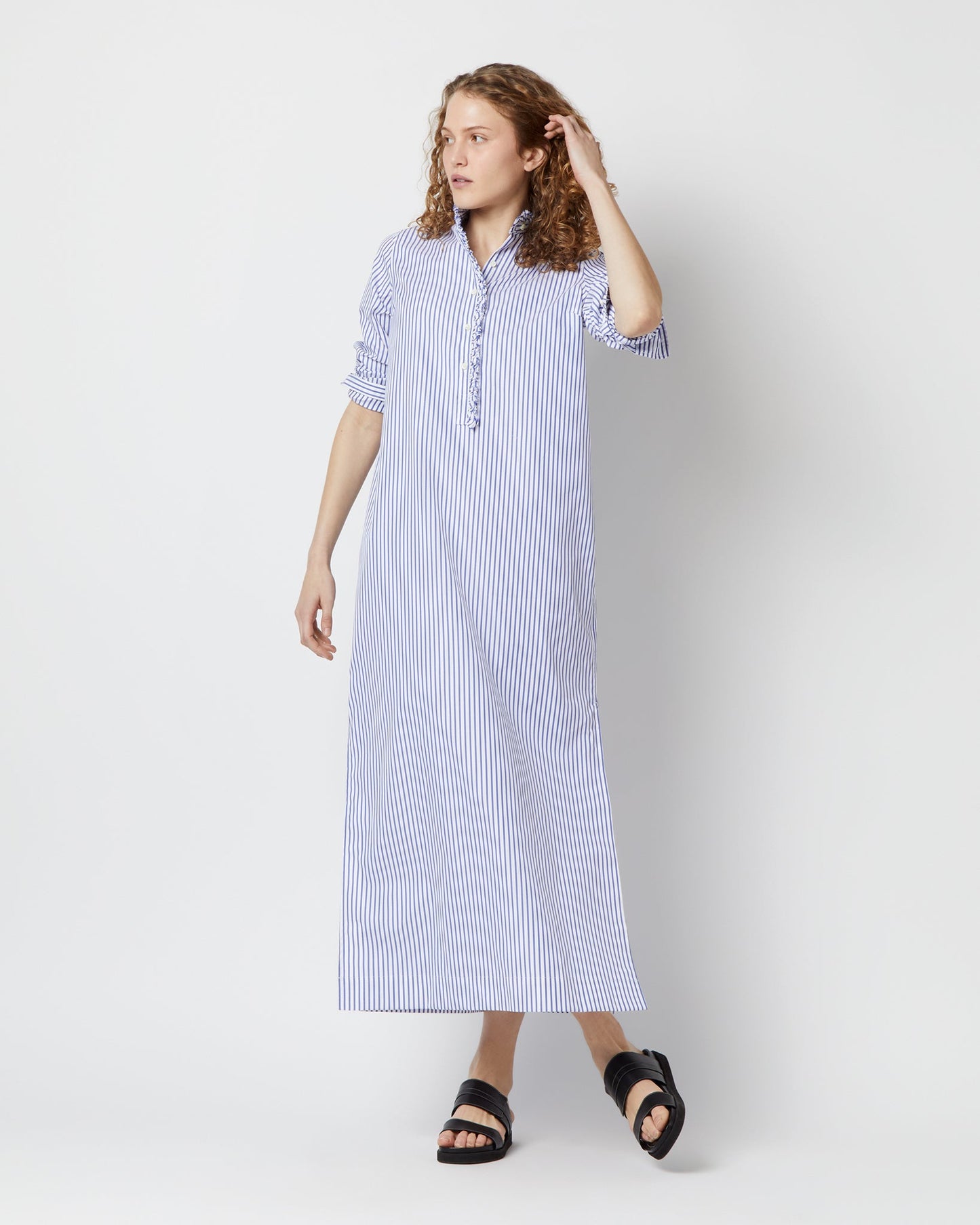 Frill Talitha Shirtdress in Blue/White Stripe Pinpoint