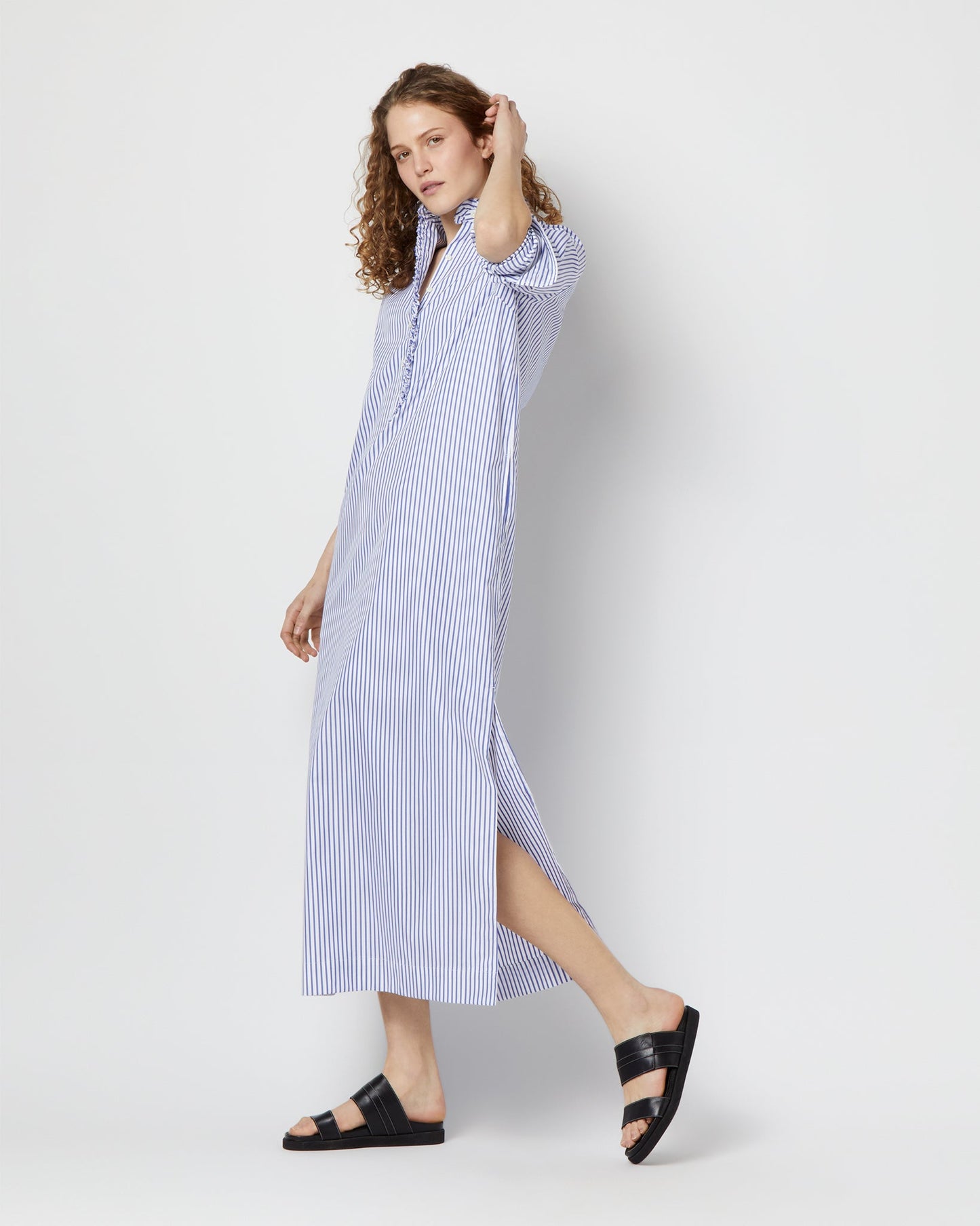 Frill Talitha Shirtdress in Blue/White Stripe Pinpoint