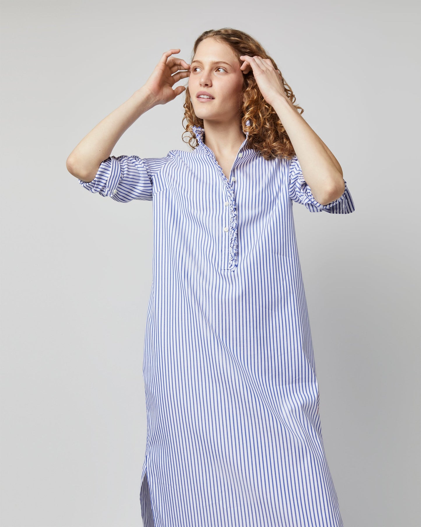 Frill Talitha Shirtdress in Blue/White Stripe Pinpoint