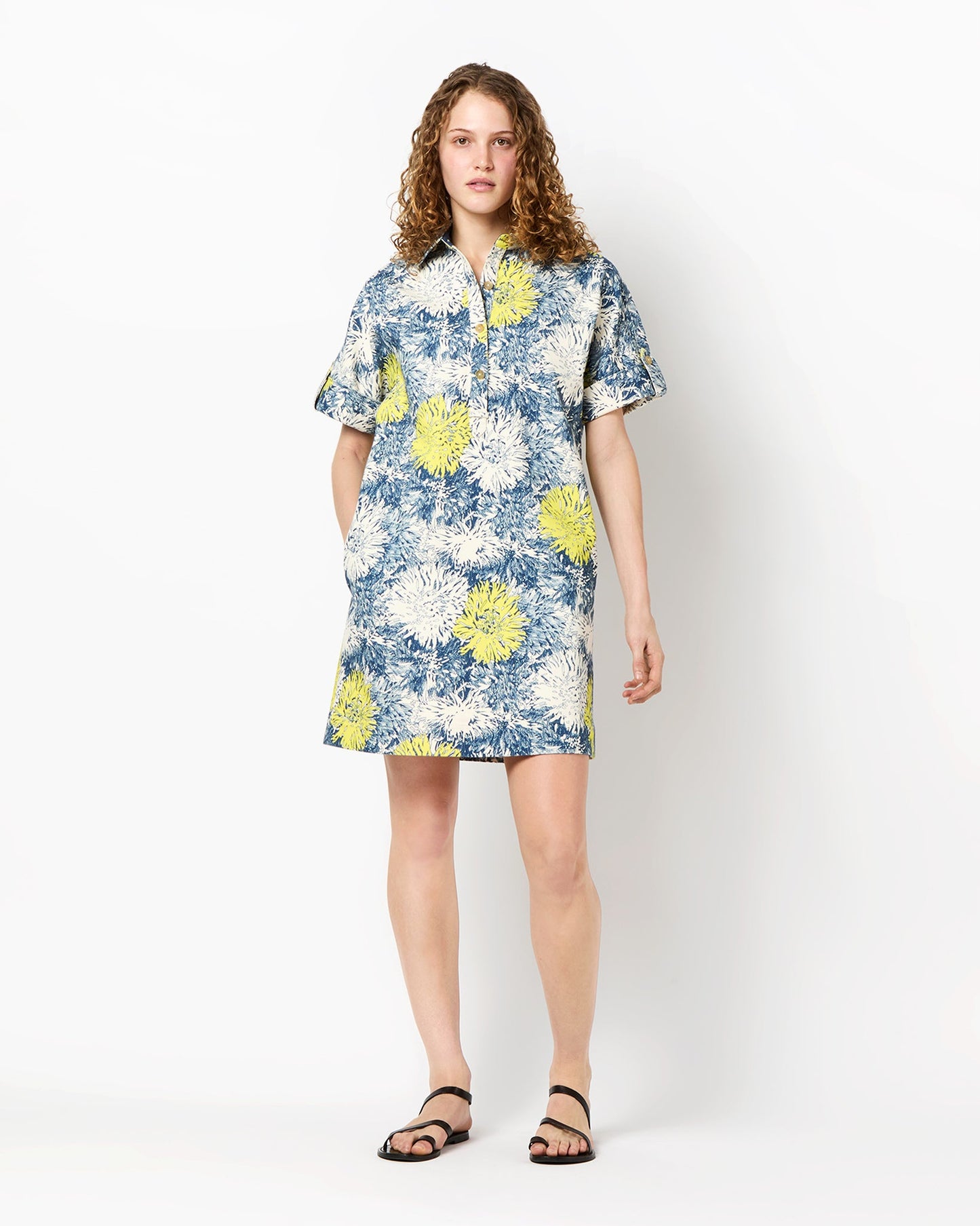 Molly Dress in Natural/Blue/Lemon Floral Stretch Denim