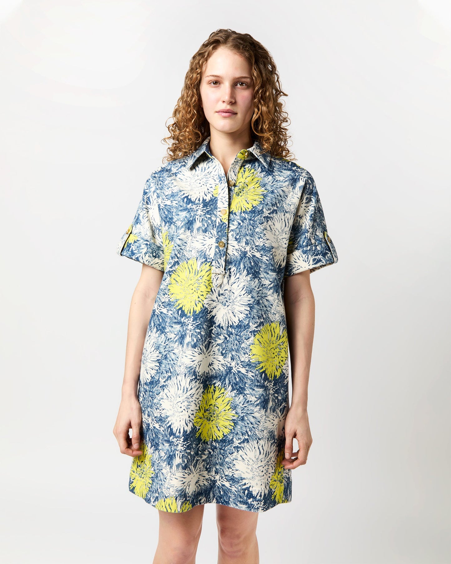 Molly Dress in Natural/Blue/Lemon Floral Stretch Denim