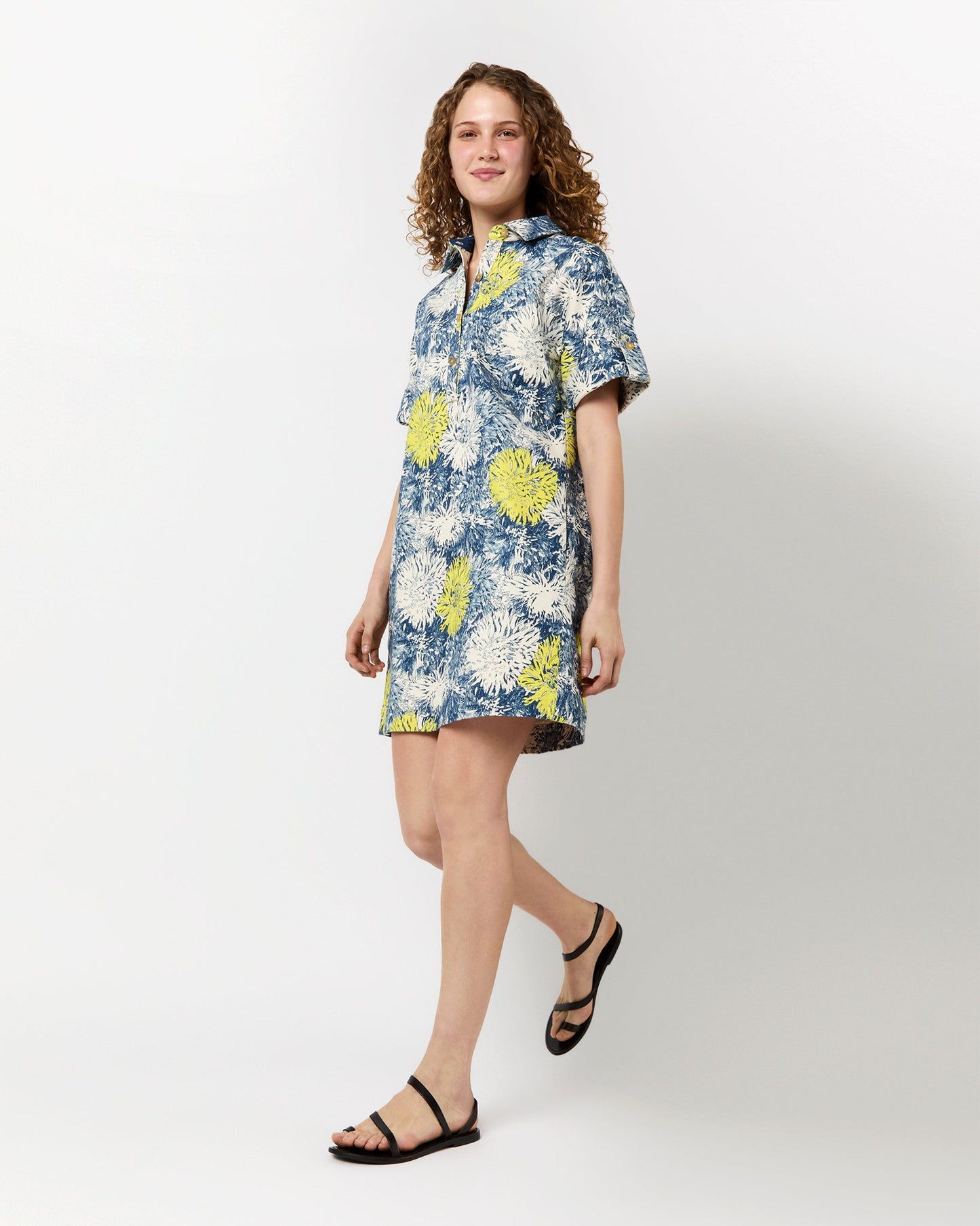 Molly Dress in Natural/Blue/Lemon Floral Stretch Denim