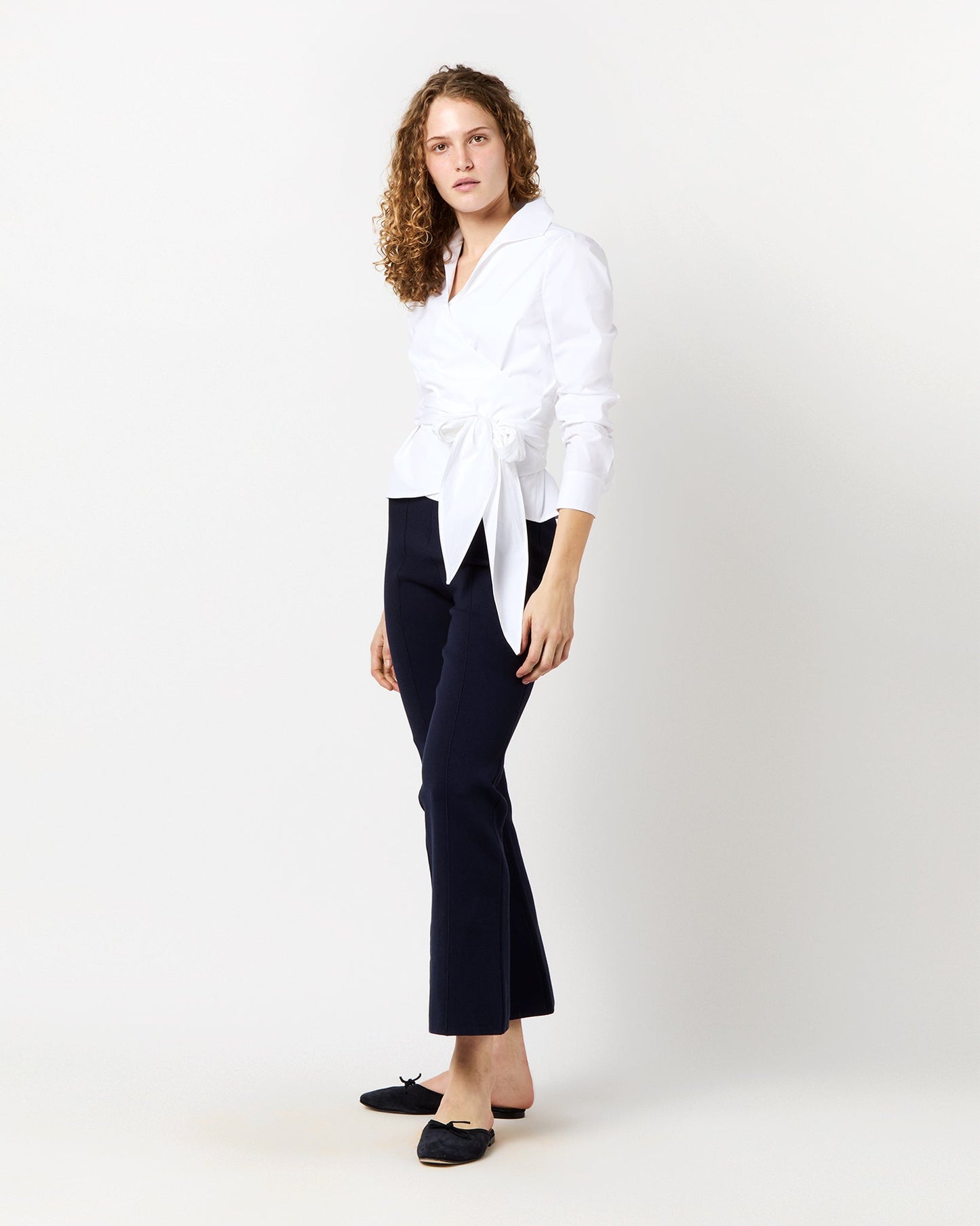 Hilary Wrap Top in White Stretch Poplin