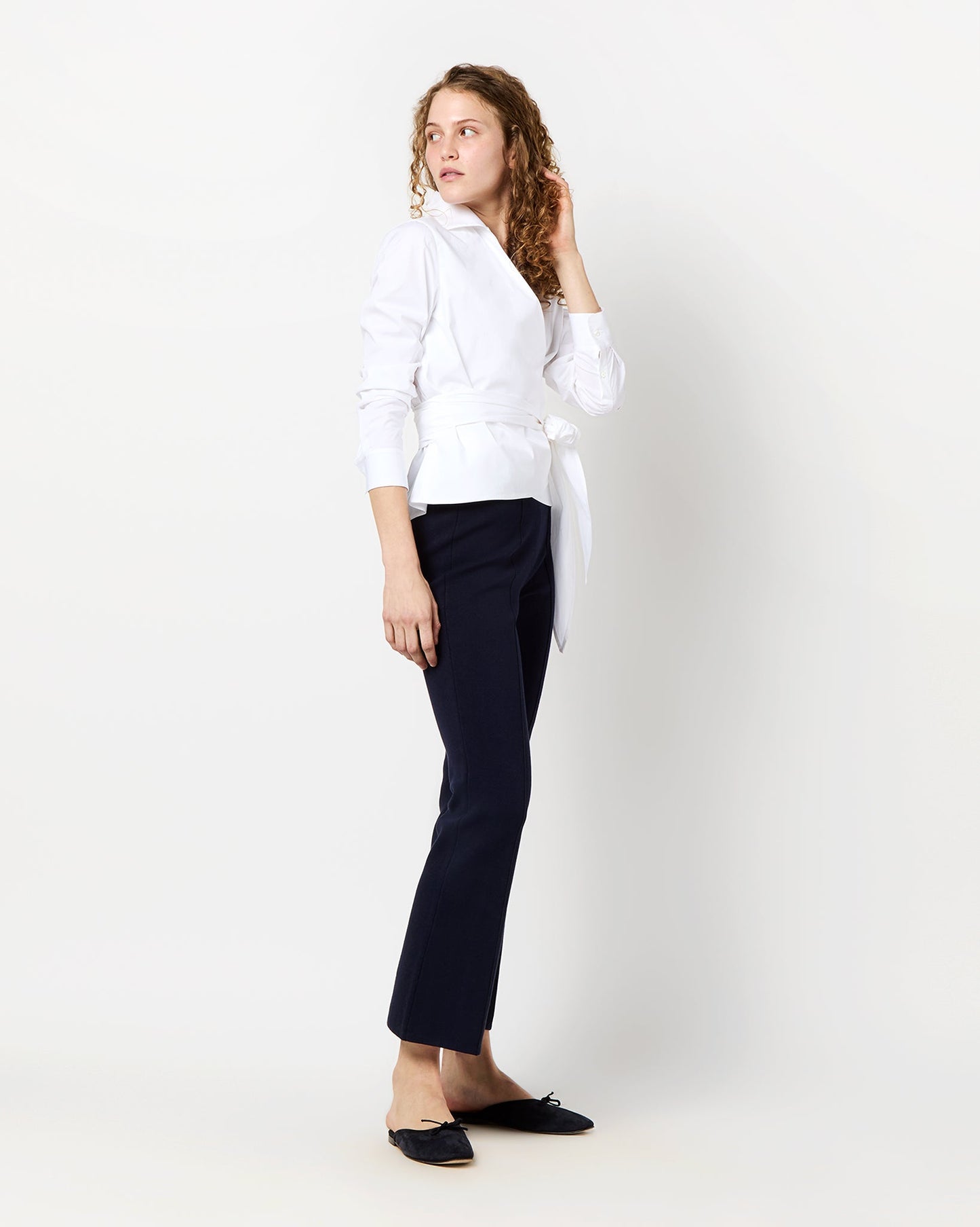 Hilary Wrap Top in White Stretch Poplin