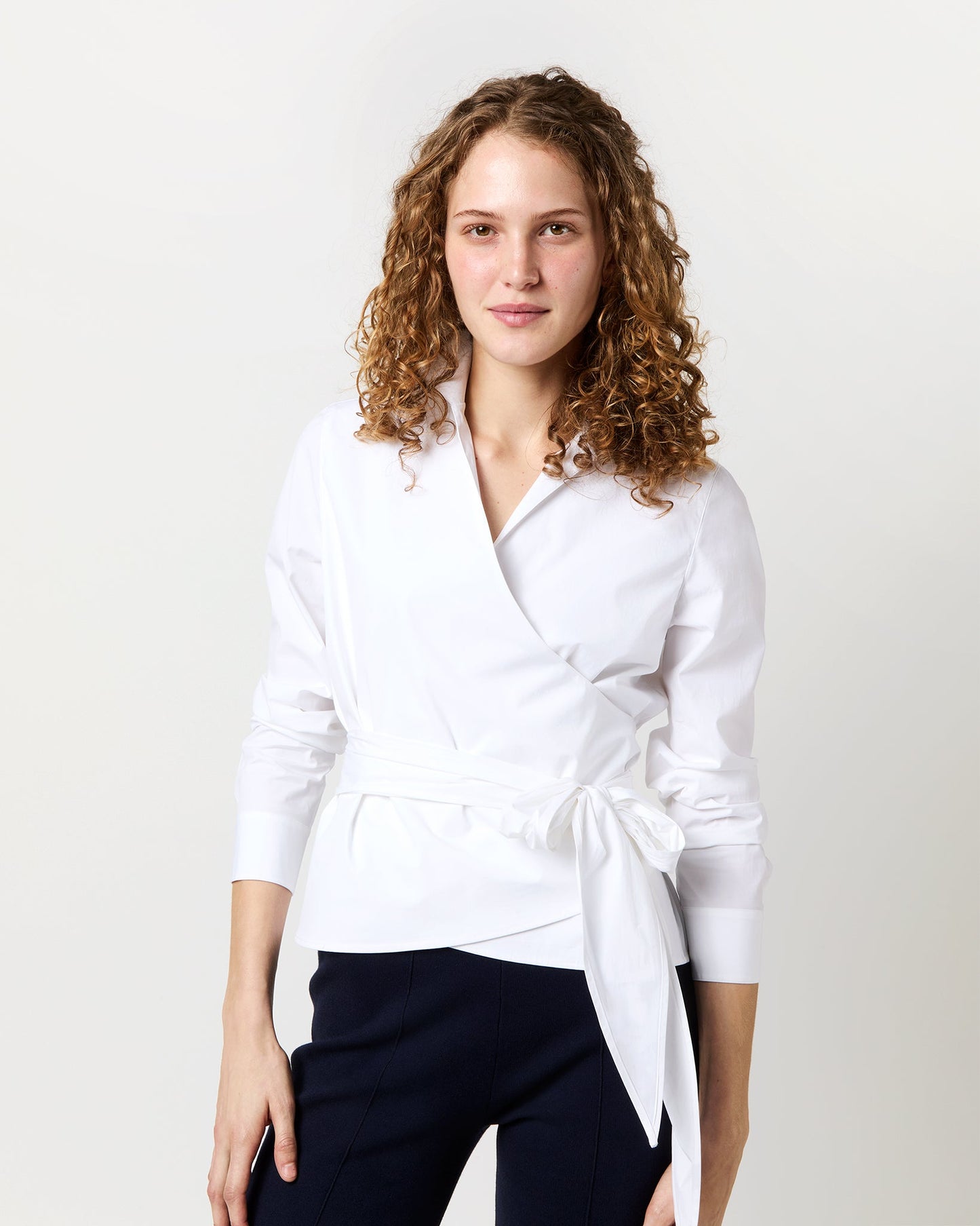 Hilary Wrap Top in White Stretch Poplin