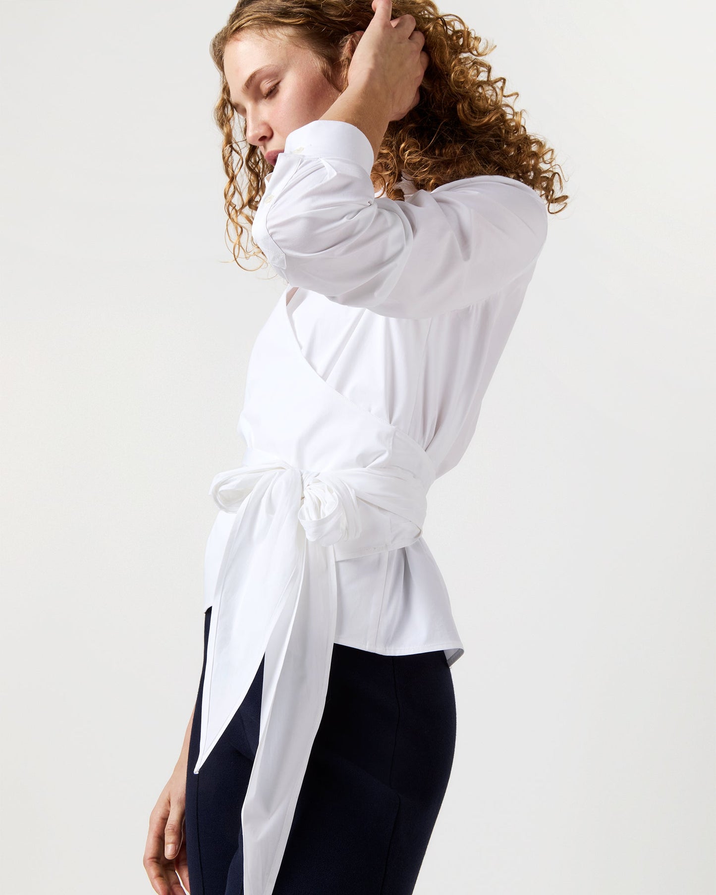 Hilary Wrap Top in White Stretch Poplin