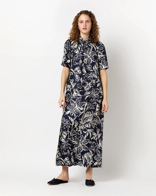 Luisa Dress in Navy Floral Silk Twill