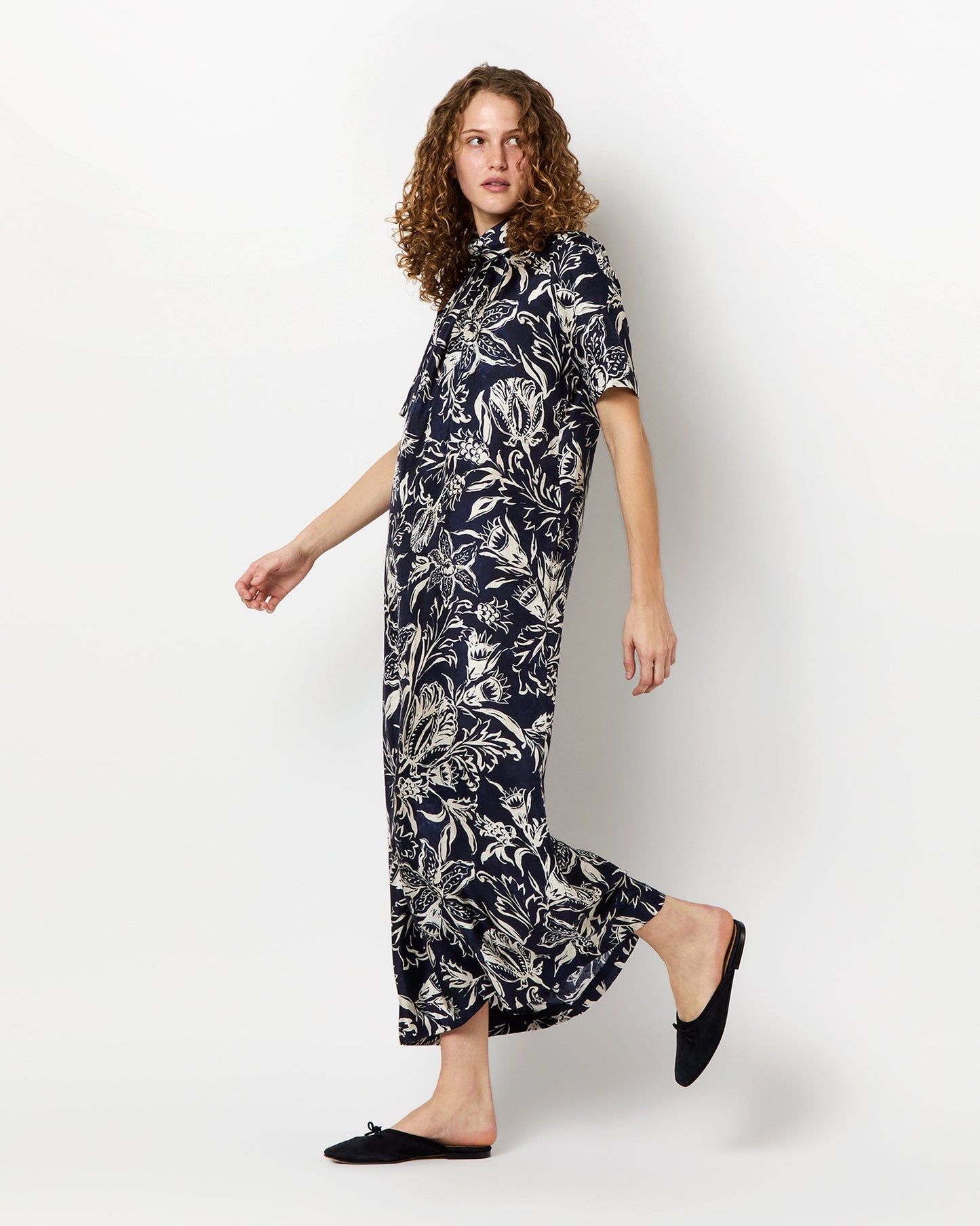 Luisa Dress in Navy Floral Silk Twill