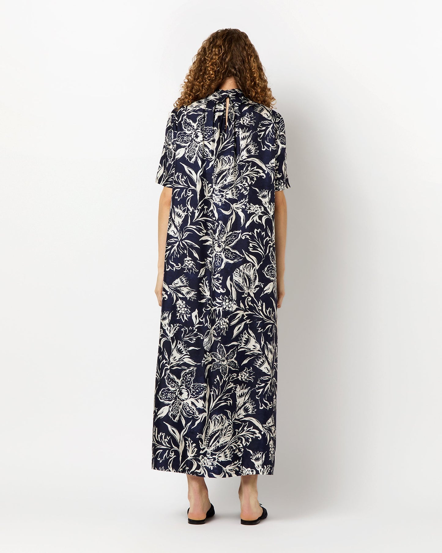 Luisa Dress in Navy Floral Silk Twill