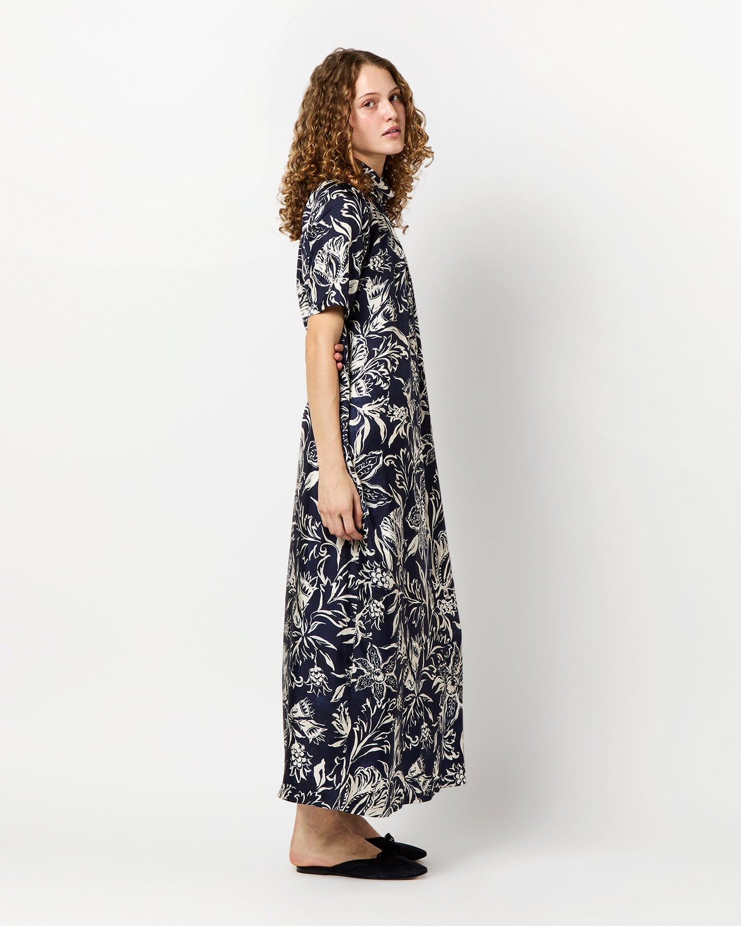 Luisa Dress in Navy Floral Silk Twill