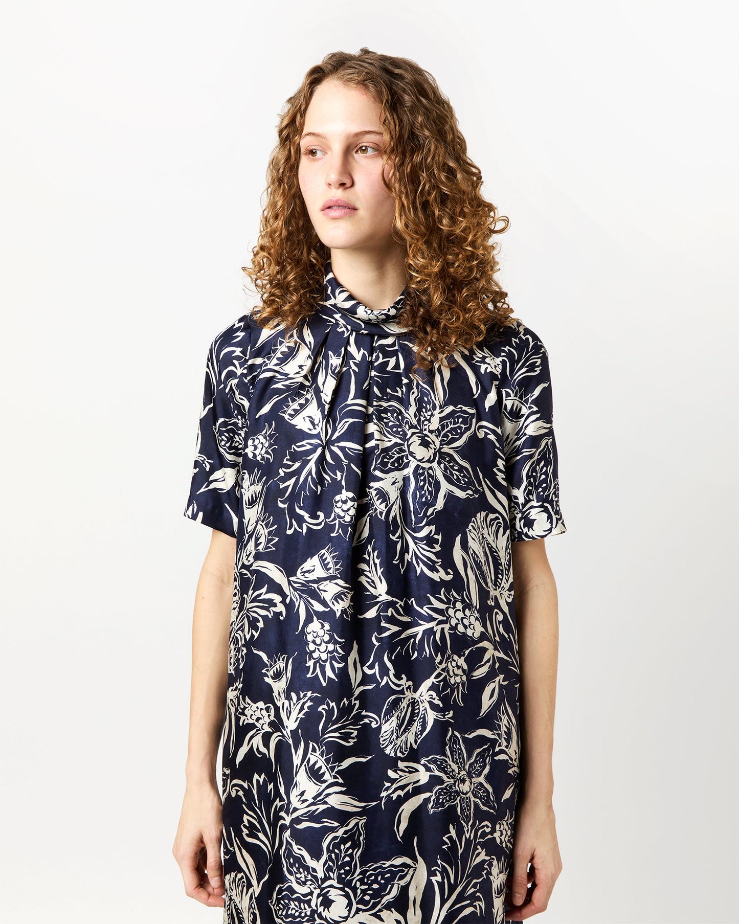 Luisa Dress in Navy Floral Silk Twill