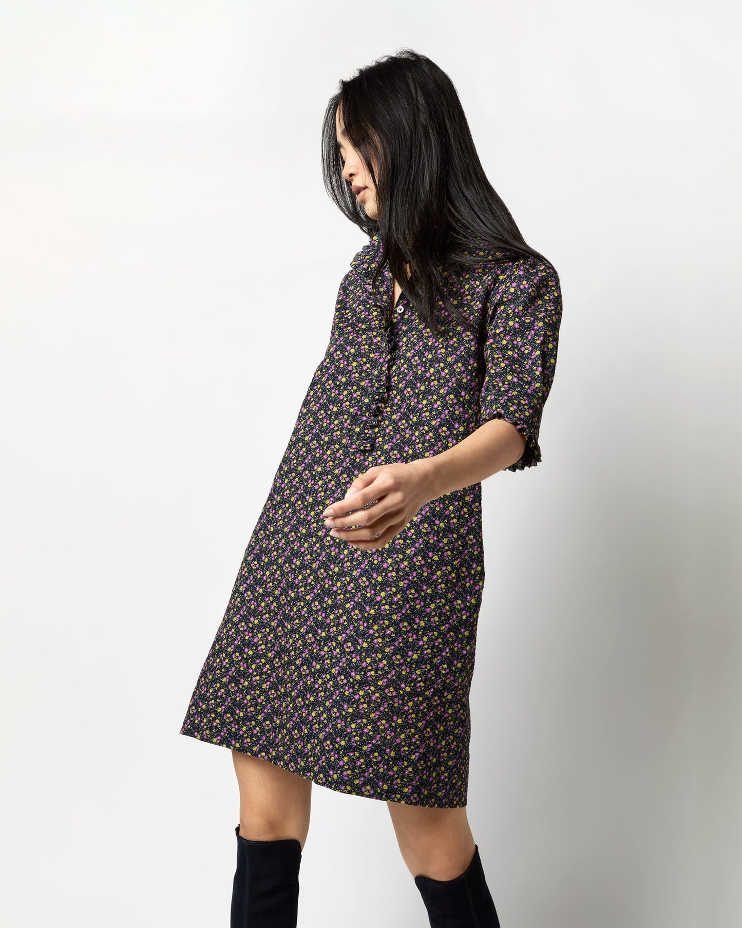 Elbow-Sleeve Frill Dress in Navy/Berry Mini Floral Crinkle Cotton