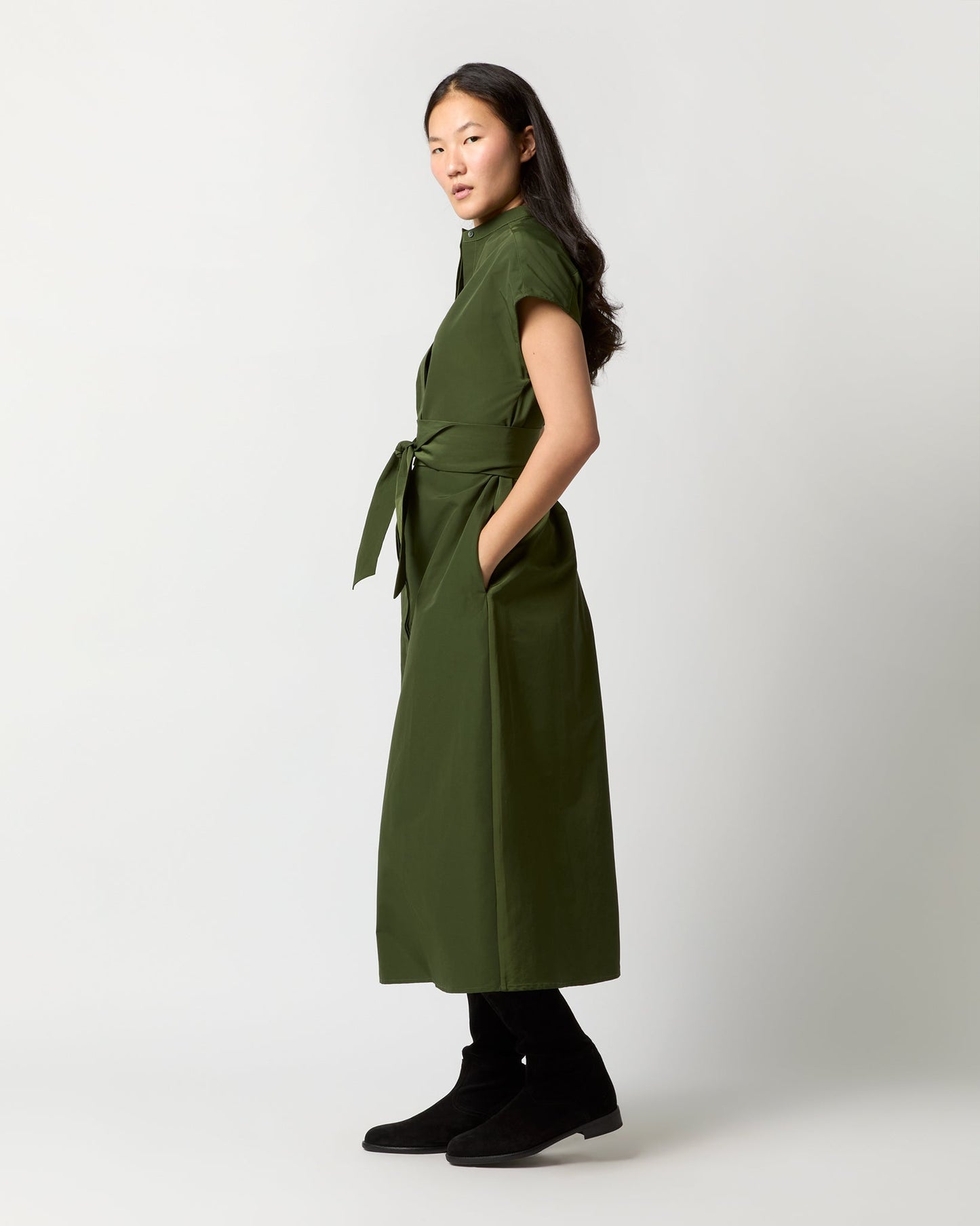 Gianna Maxi Shirtdress in Olive Cotton/Nylon Faille