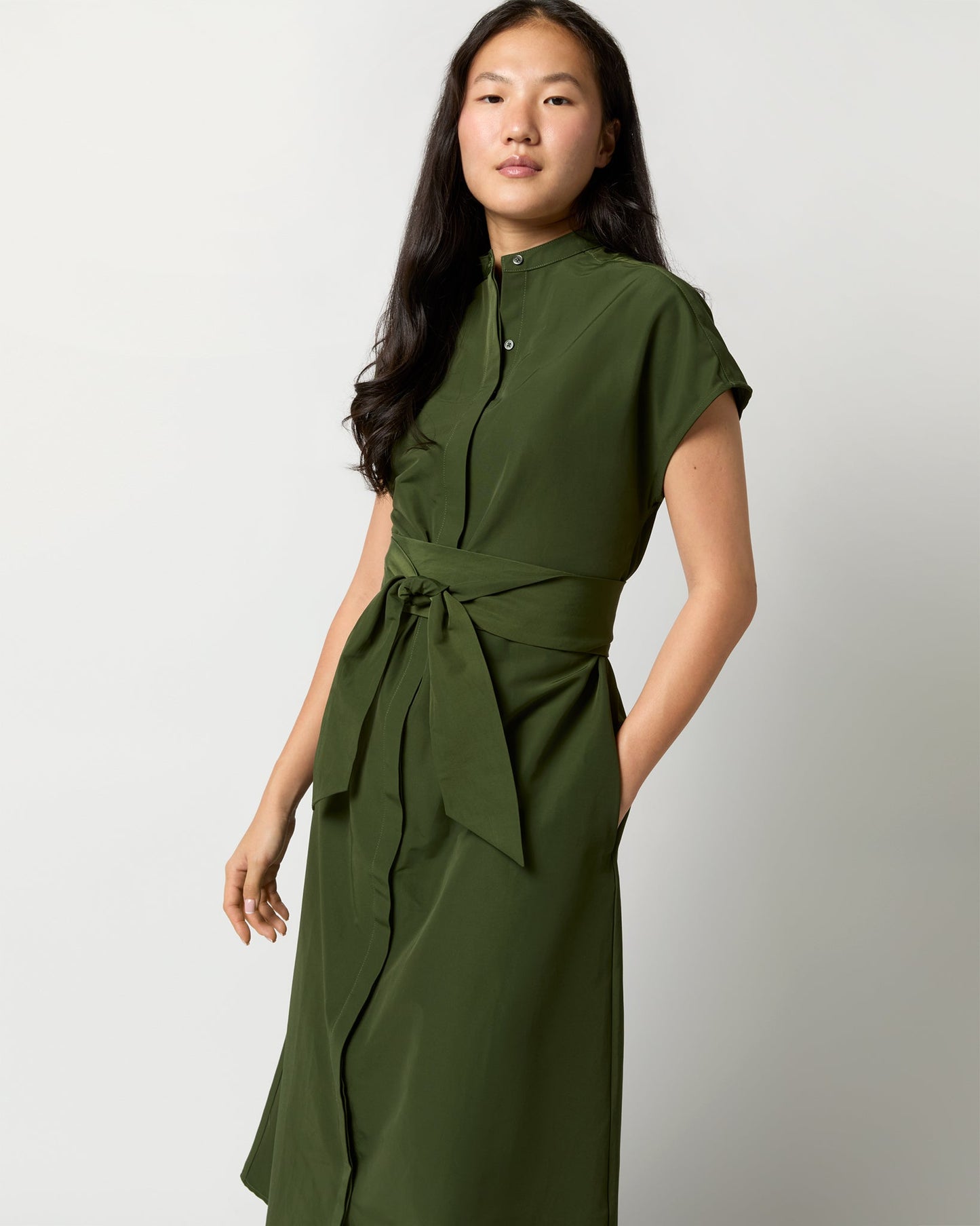 Gianna Maxi Shirtdress in Olive Cotton/Nylon Faille