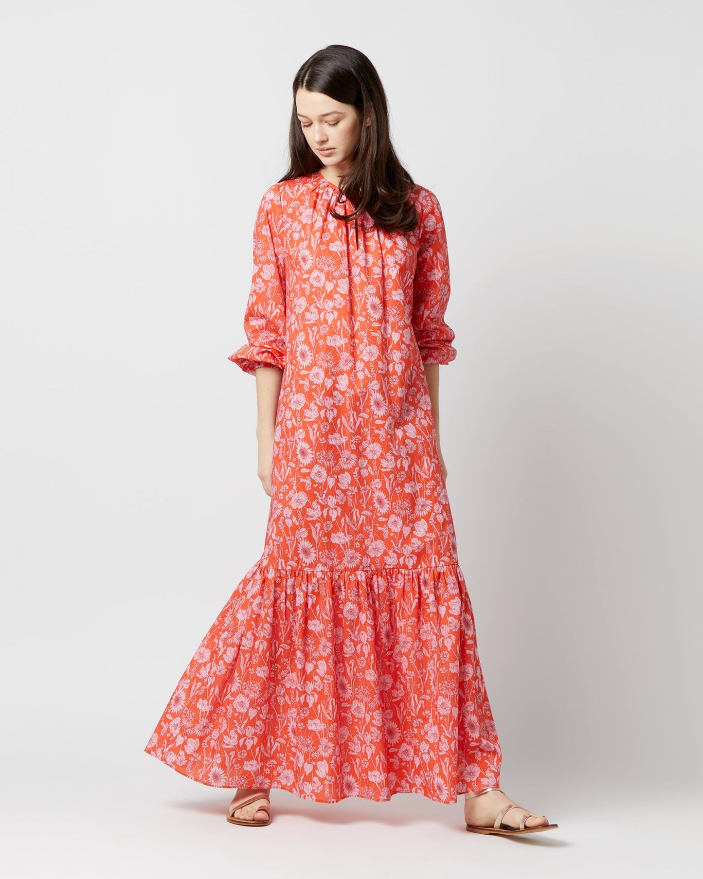 Aba Maxi Dress in Tomato/Pink Mono Muse Liberty Fabric