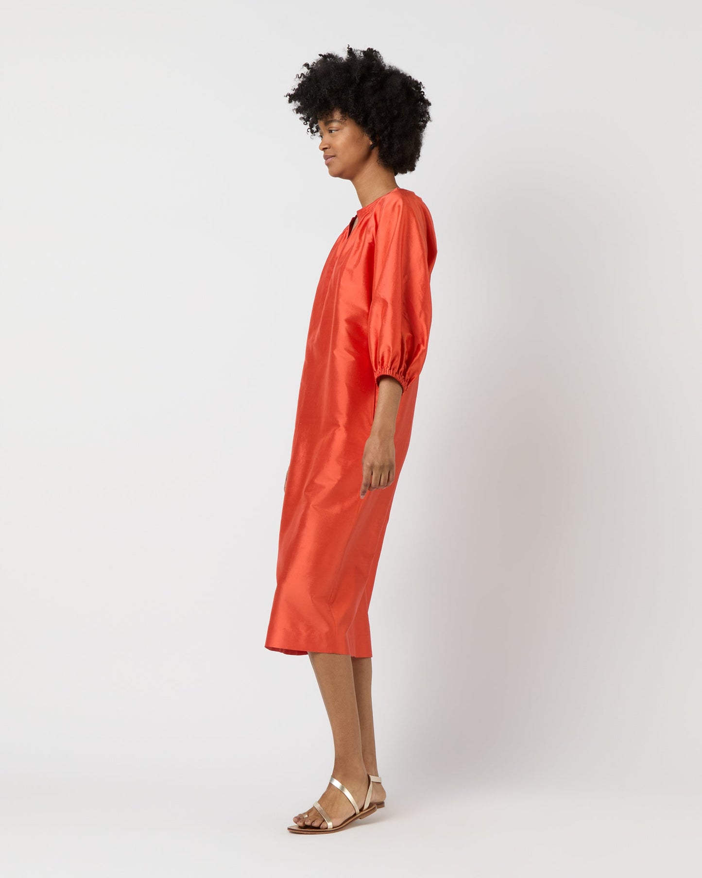 Trapunto Blouson Dress in Orange Silk Shantung