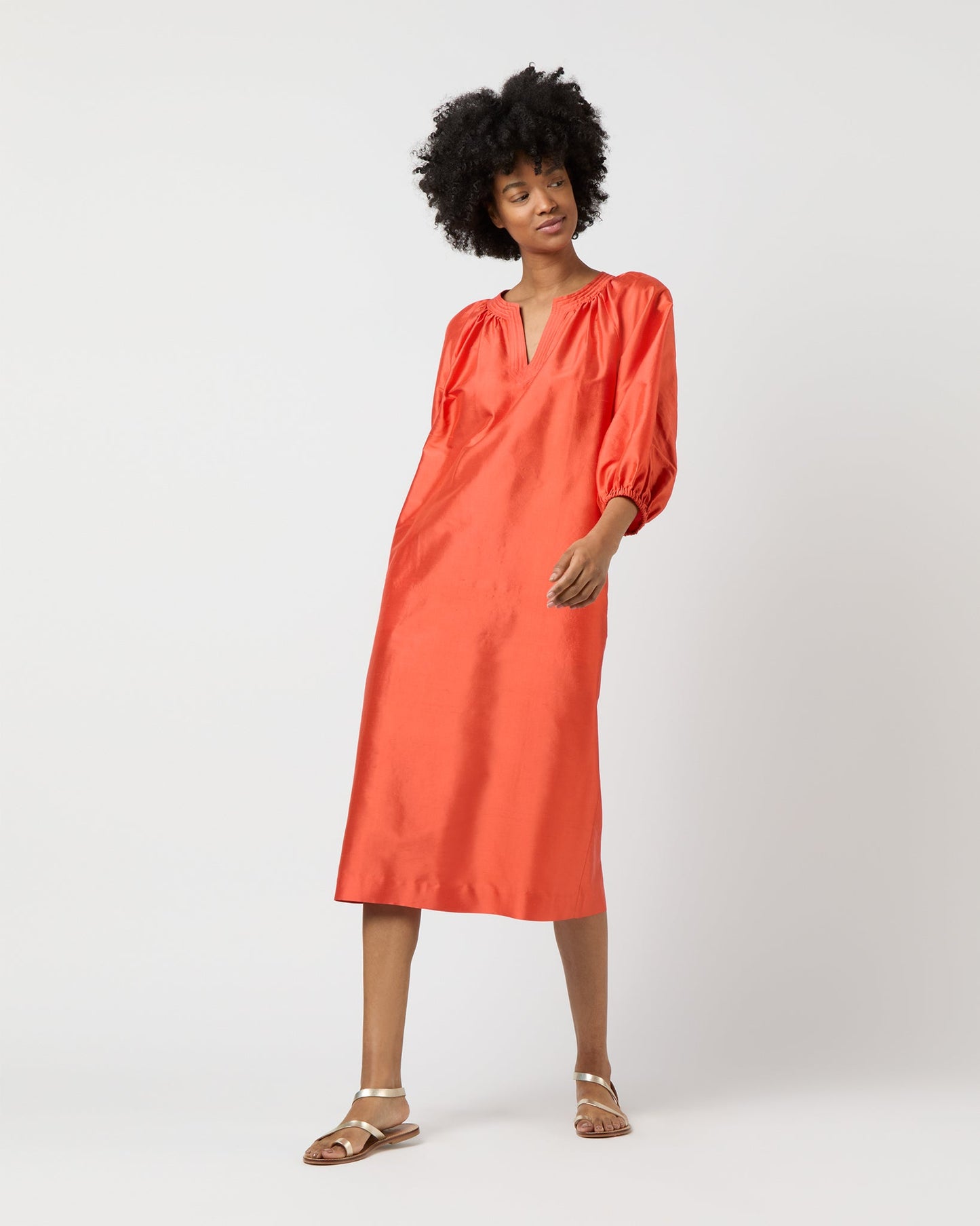 Trapunto Blouson Dress in Orange Silk Shantung