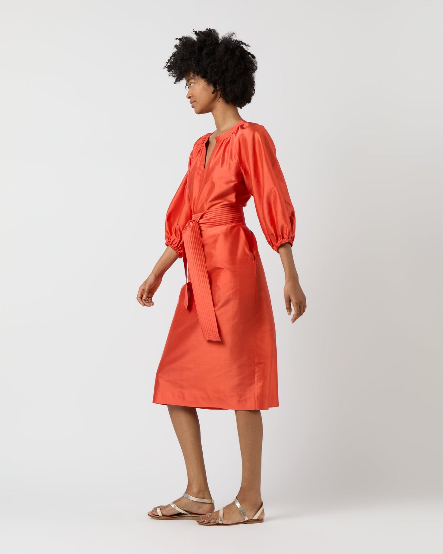 Trapunto Blouson Dress in Orange Silk Shantung