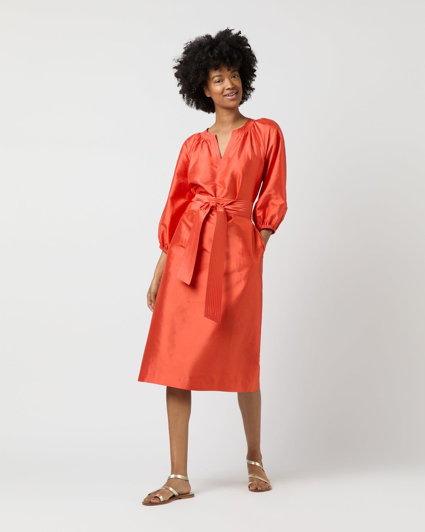 Trapunto Blouson Dress in Orange Silk Shantung