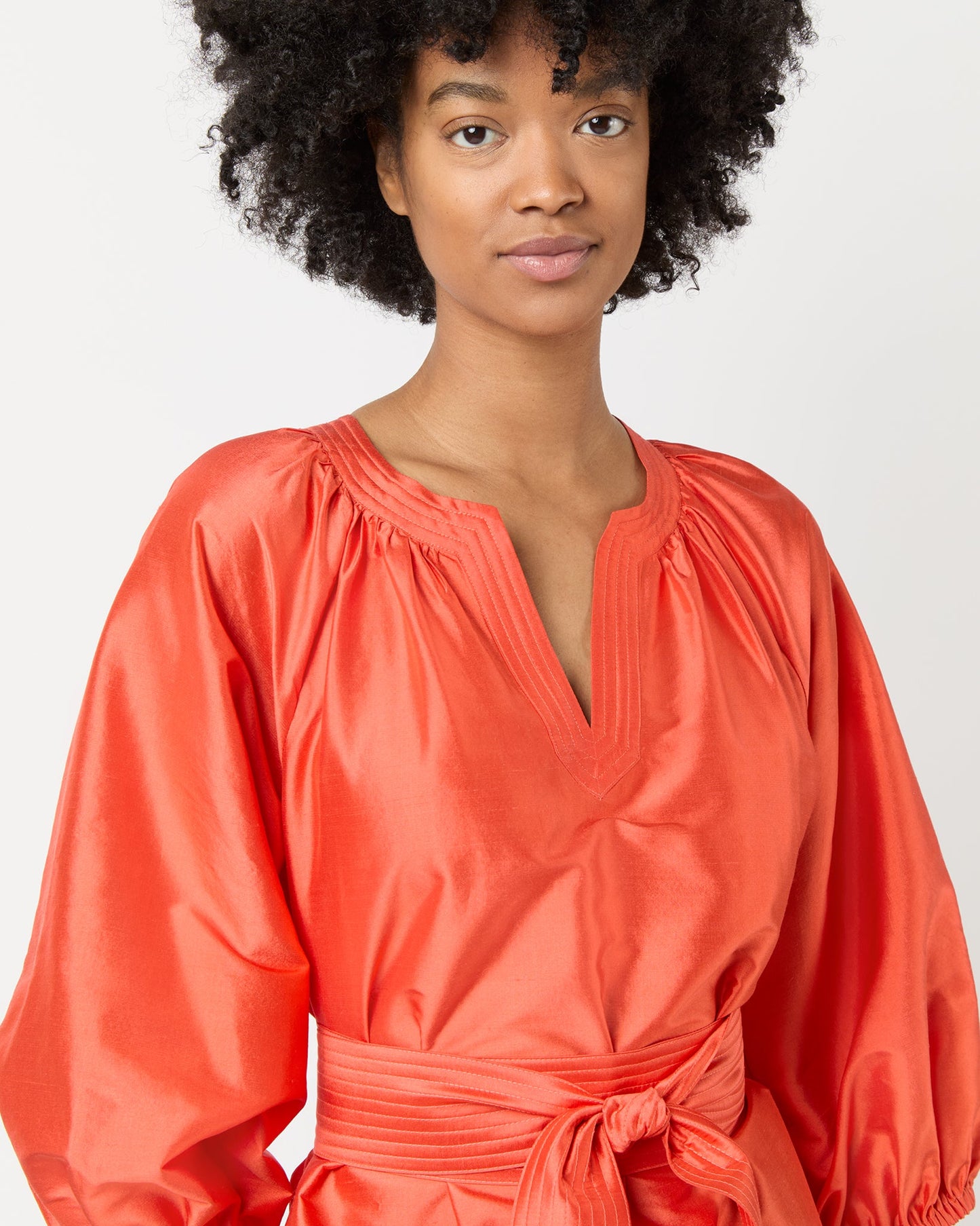 Trapunto Blouson Dress in Orange Silk Shantung