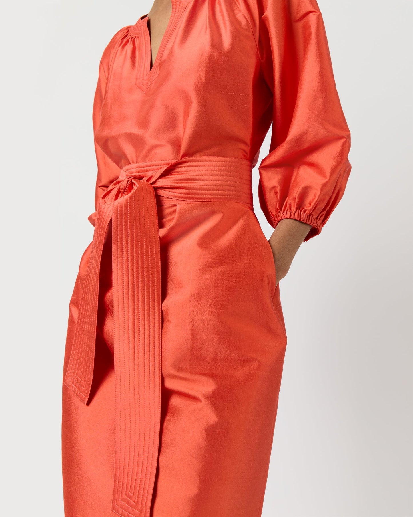 Trapunto Blouson Dress in Orange Silk Shantung