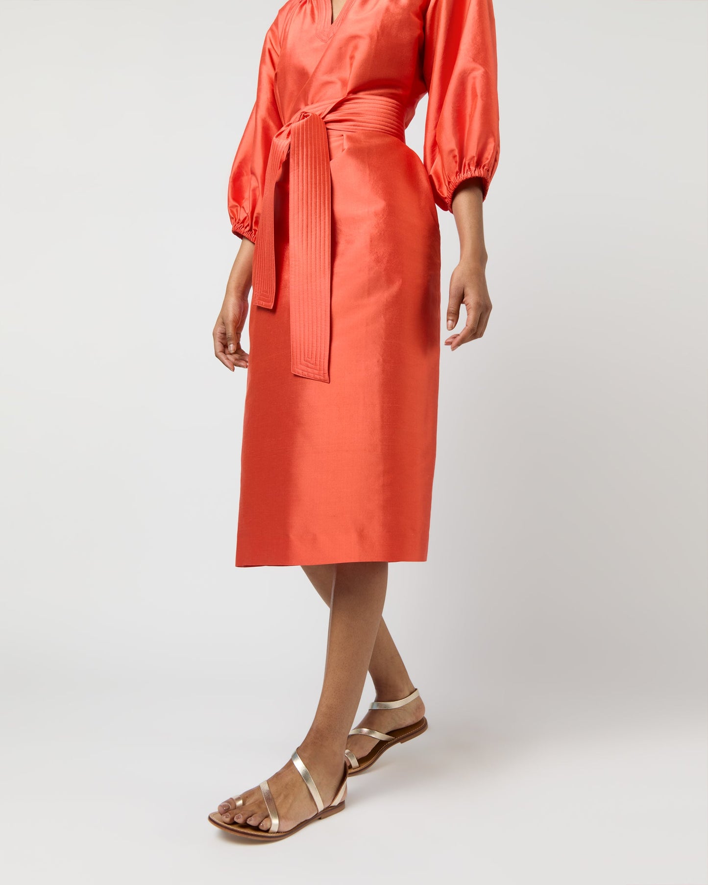 Trapunto Blouson Dress in Orange Silk Shantung