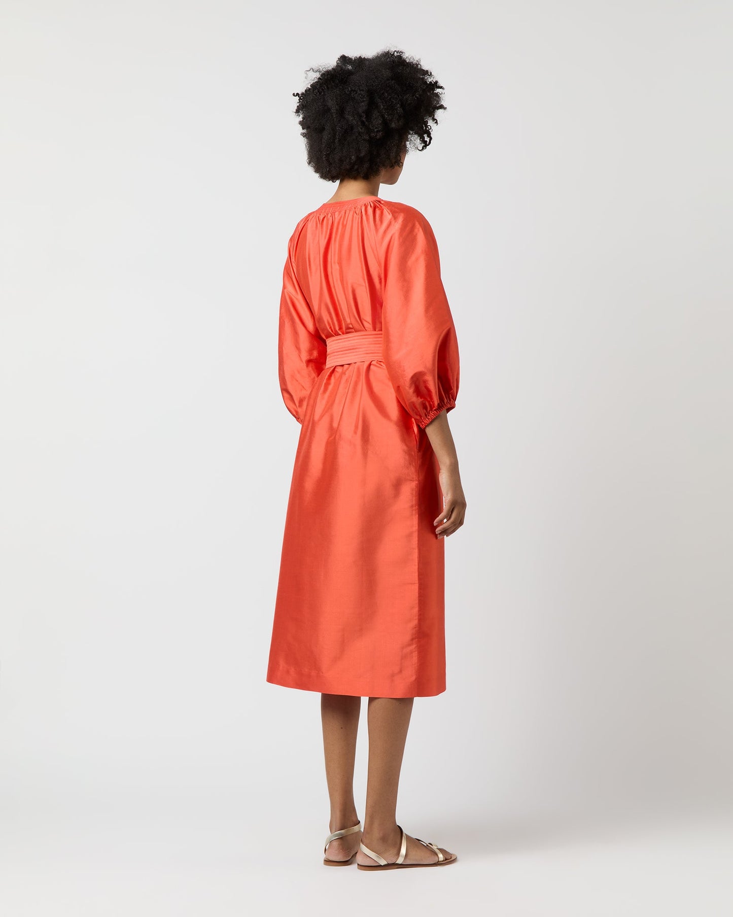 Trapunto Blouson Dress in Orange Silk Shantung