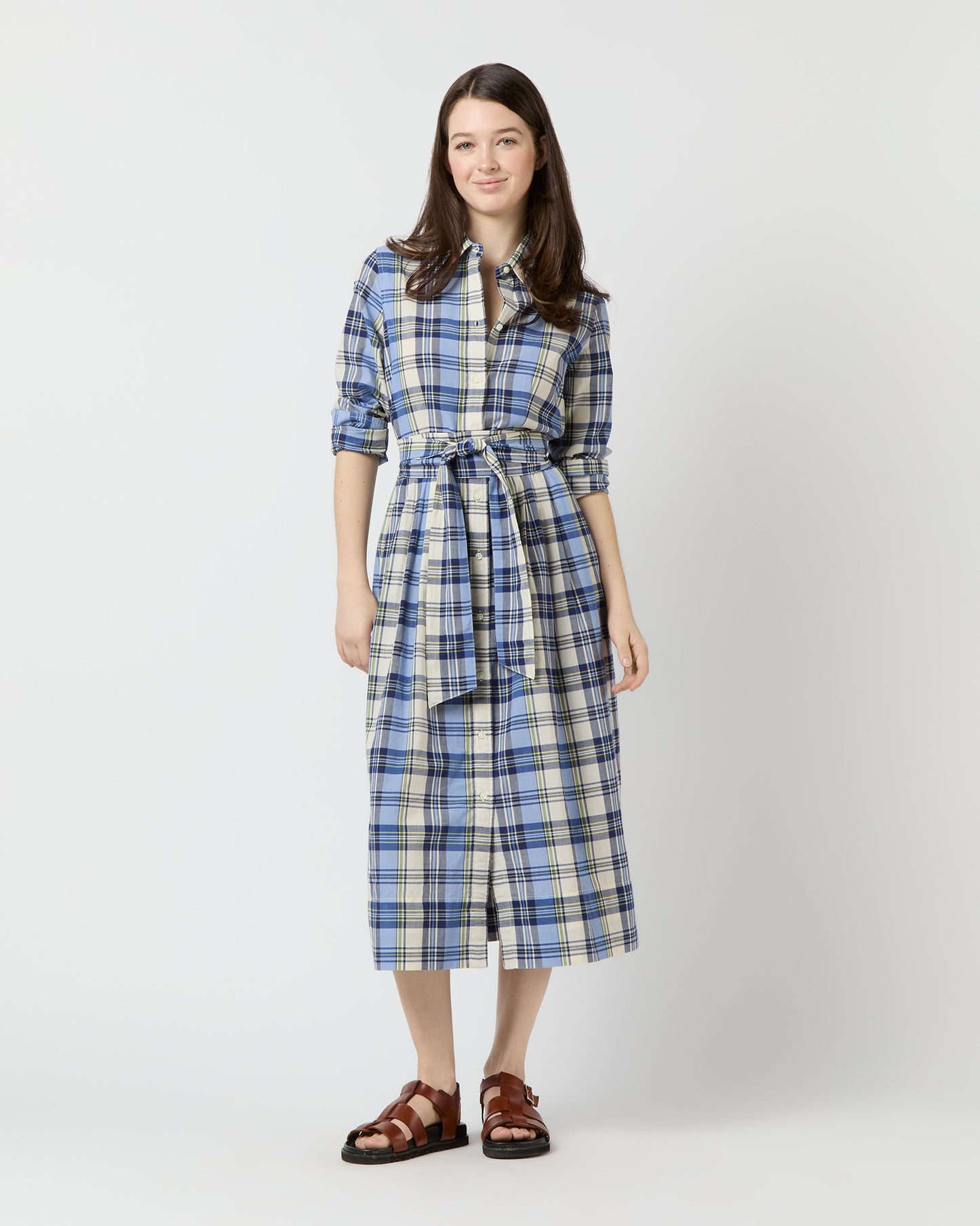 Classic Shirtwaist Dress in Blue/Multi Plaid Madras