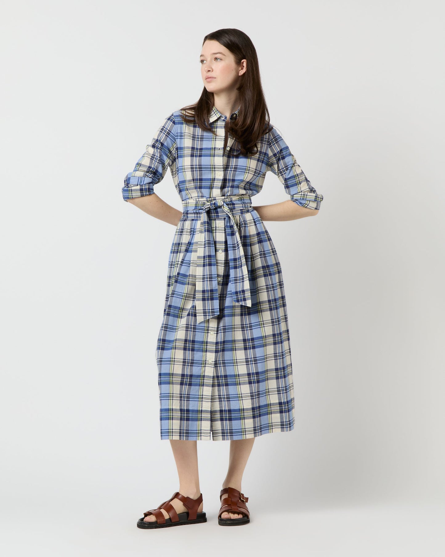 Classic Shirtwaist Dress in Blue/Multi Plaid Madras