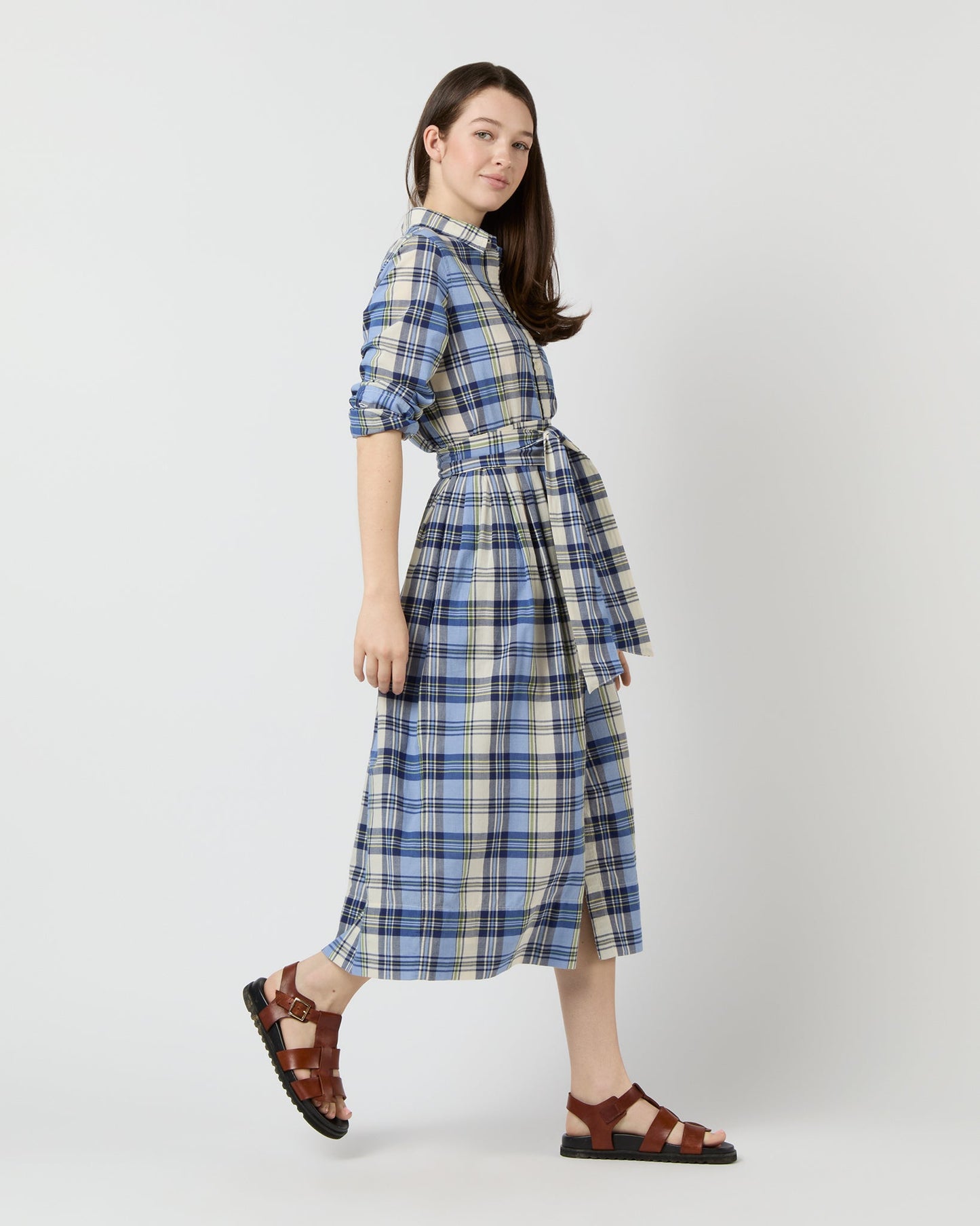 Classic Shirtwaist Dress in Blue/Multi Plaid Madras