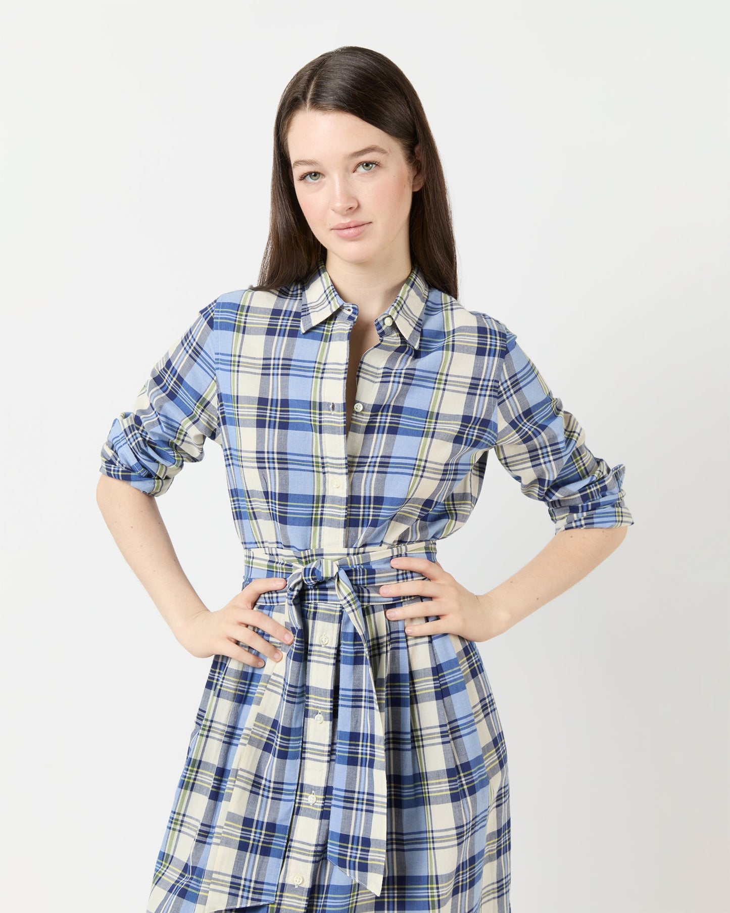 Classic Shirtwaist Dress in Blue/Multi Plaid Madras