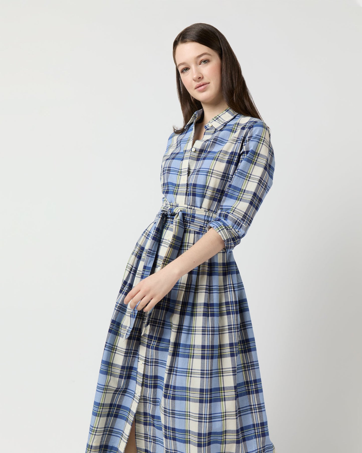 Classic Shirtwaist Dress in Blue/Multi Plaid Madras