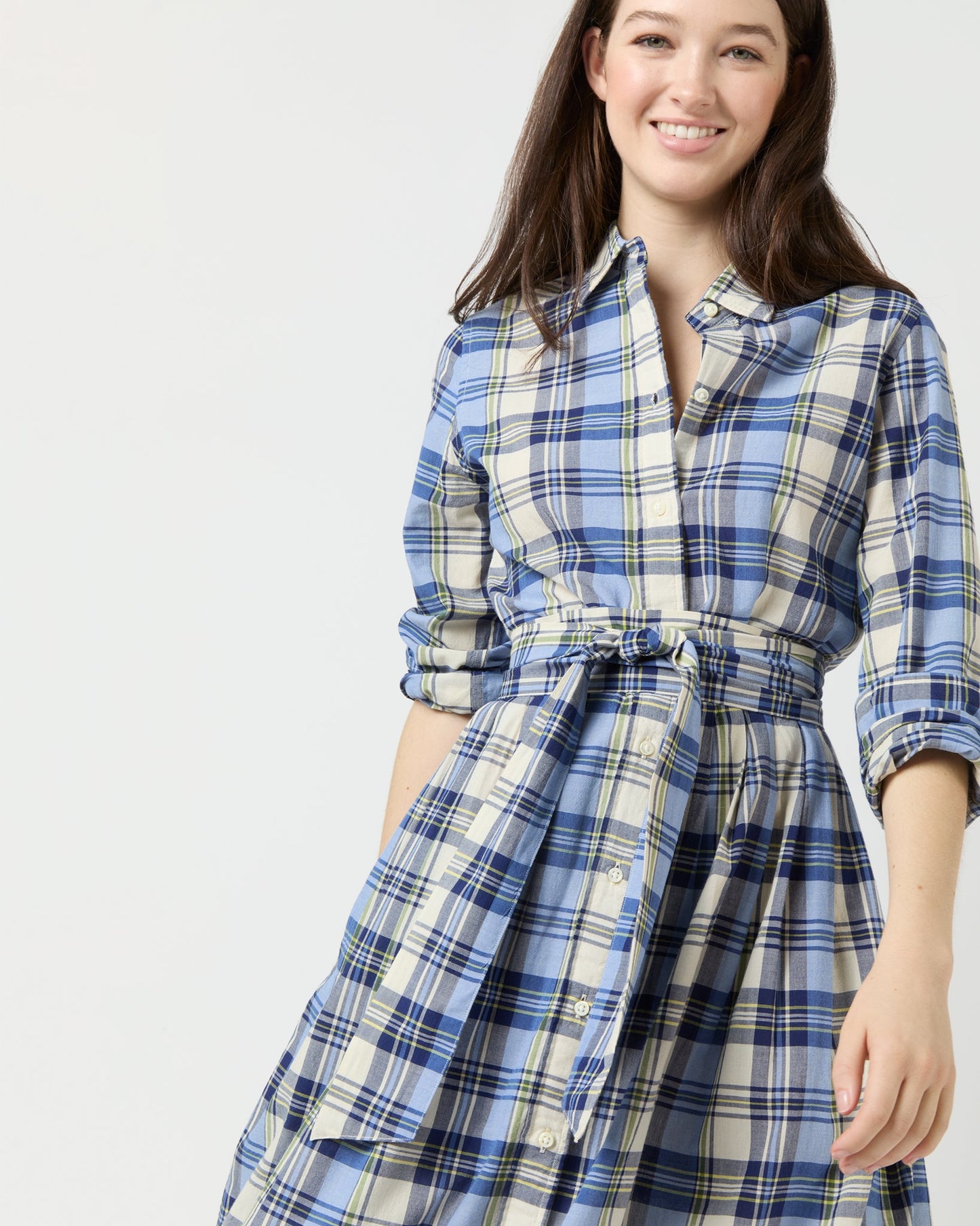 Classic Shirtwaist Dress in Blue/Multi Plaid Madras