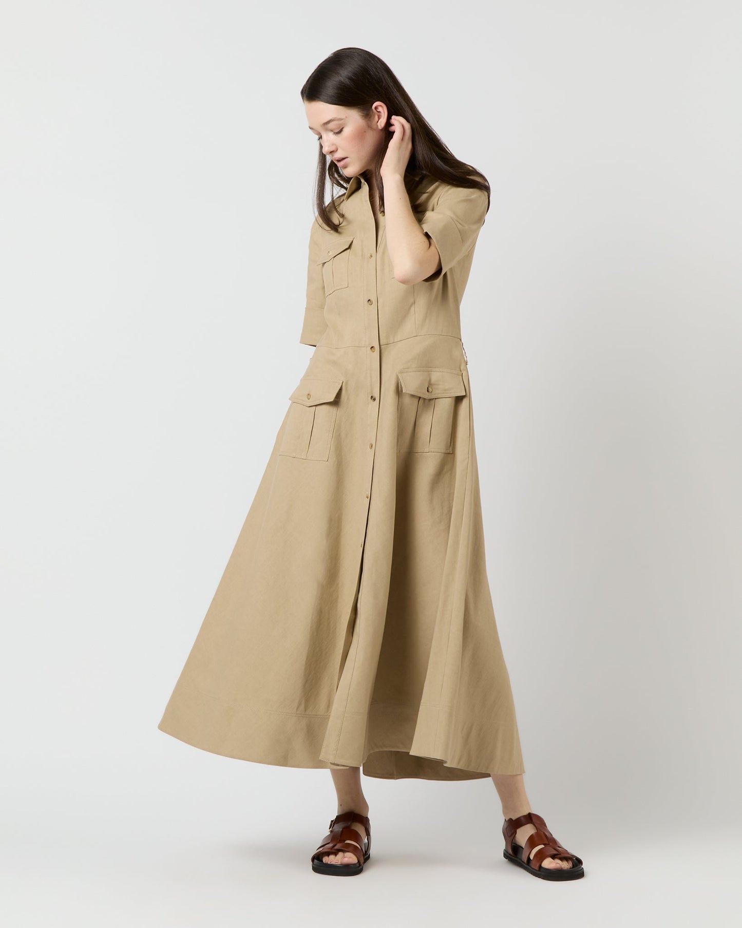 Safari Shirtwaist Dress in Khaki Stretch Cotolino