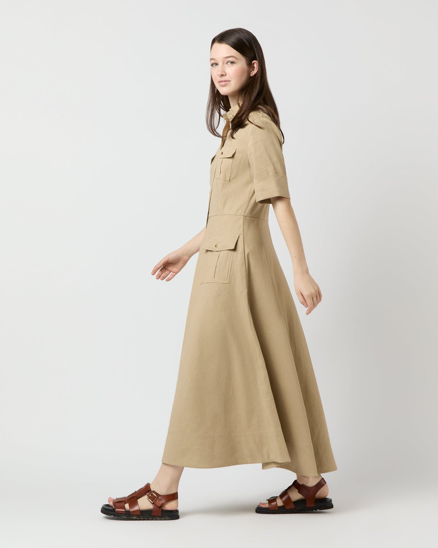 Safari Shirtwaist Dress in Khaki Stretch Cotolino